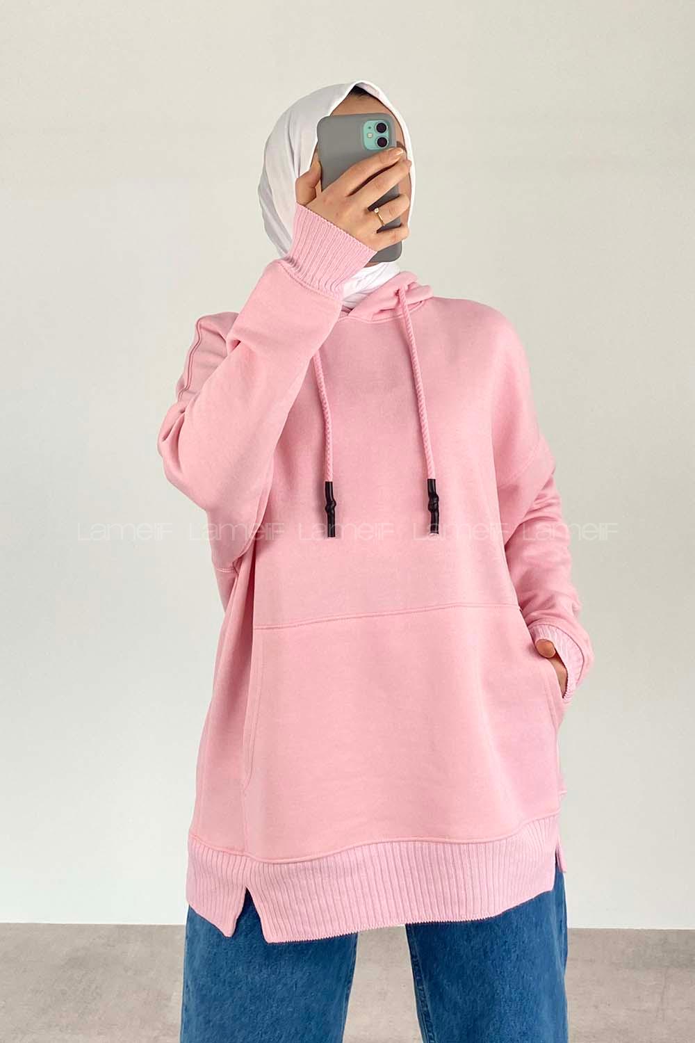 Modalamelif Kanguru Cep Kapüşon Detaylı Düz Vallyn Sweat Pudra