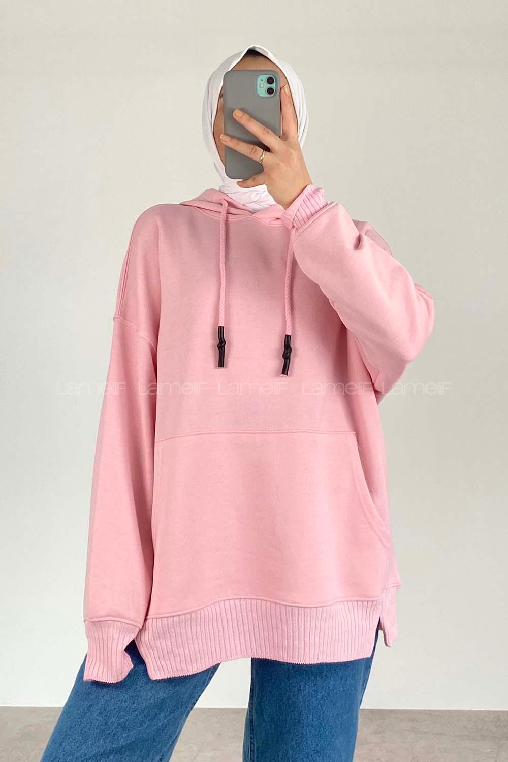 Modalamelif Kanguru Cep Kapüşon Detaylı Düz Vallyn Sweat Pudra