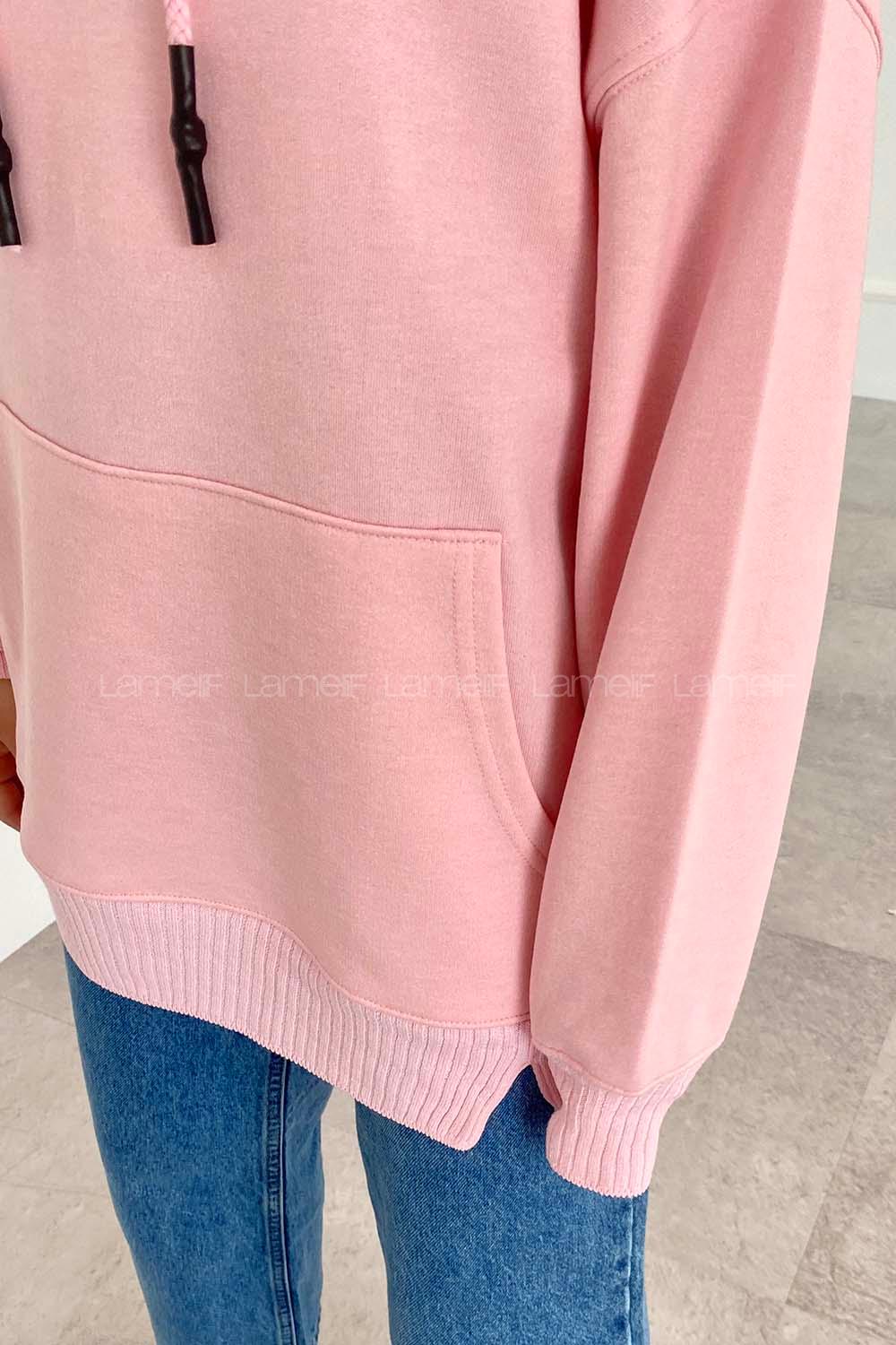 Modalamelif Kanguru Cep Kapüşon Detaylı Düz Vallyn Sweat Pudra