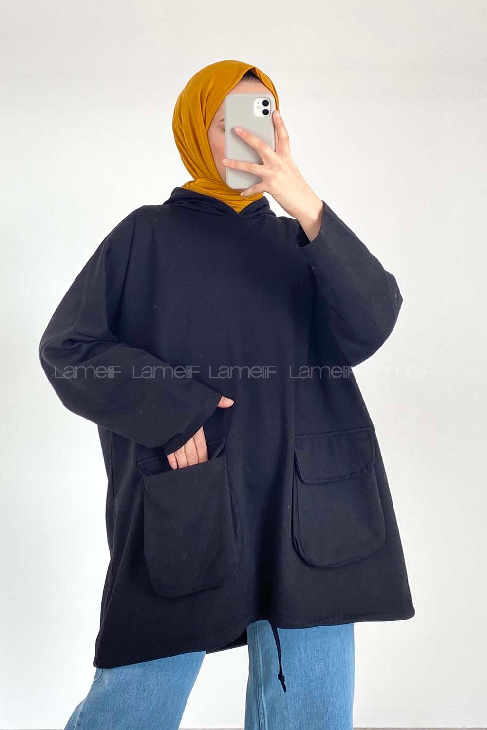 Modalamelif Kapşonlu Çift Kapak Cepli Sweat Siyah