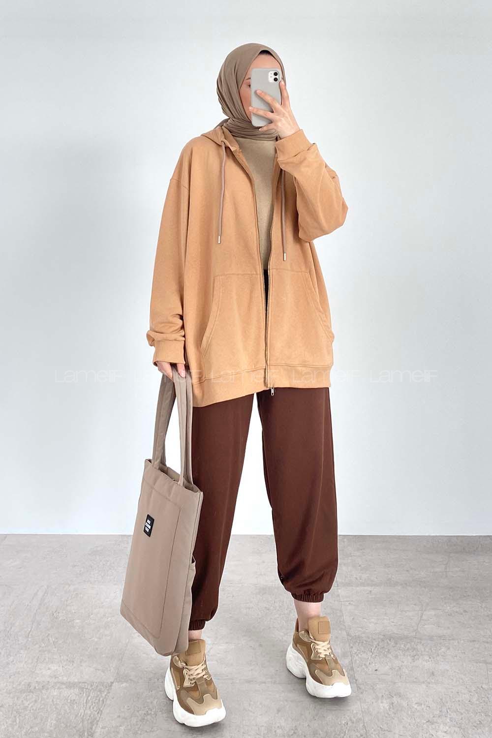 Modalamelif Kapüşon Detaylı Kanguru Cepli Oversize Hırka Sütlükahve