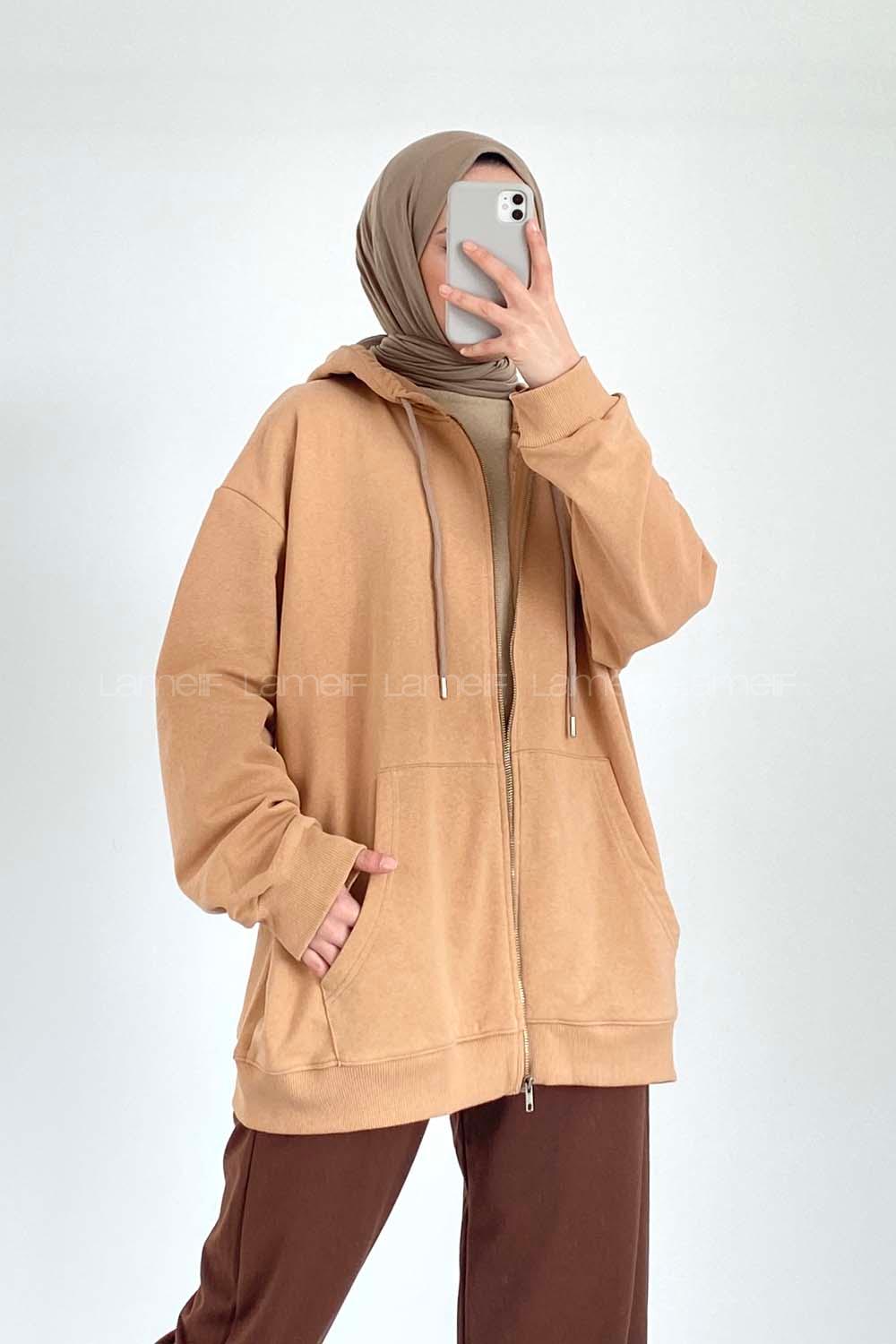 Modalamelif Kapüşon Detaylı Kanguru Cepli Oversize Hırka Sütlükahve
