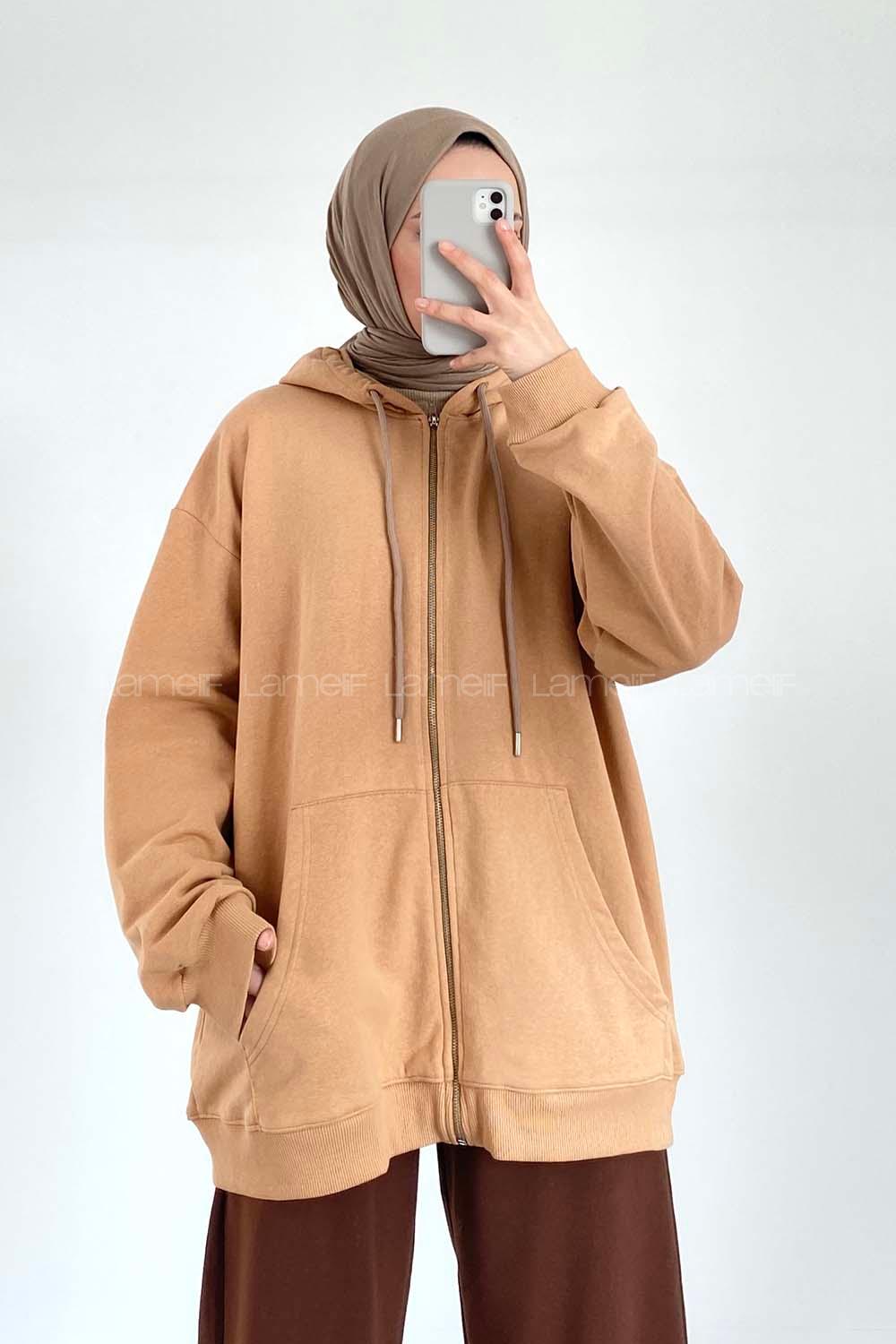 Modalamelif Kapüşon Detaylı Kanguru Cepli Oversize Hırka Sütlükahve
