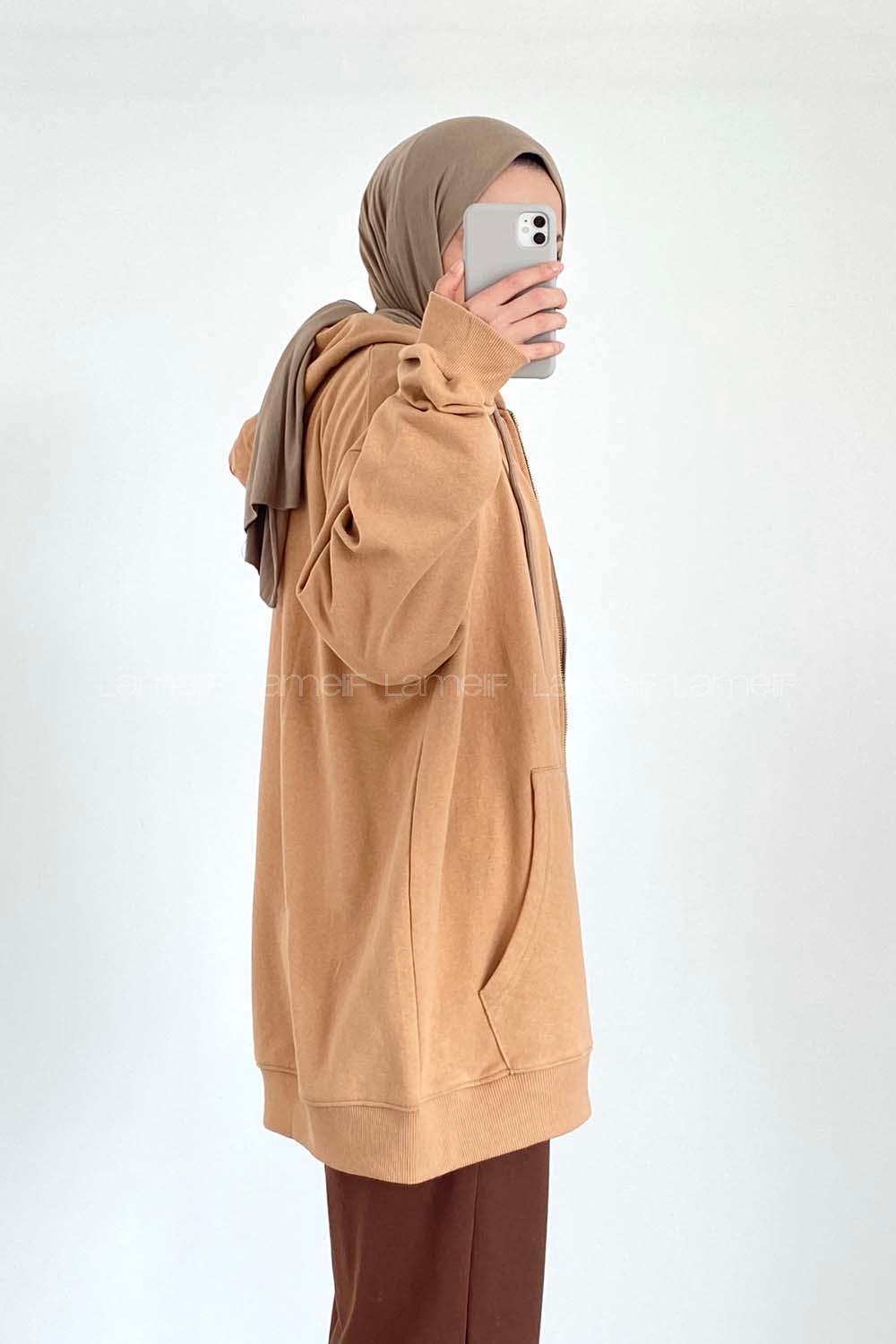 Modalamelif Kapüşon Detaylı Kanguru Cepli Oversize Hırka Sütlükahve