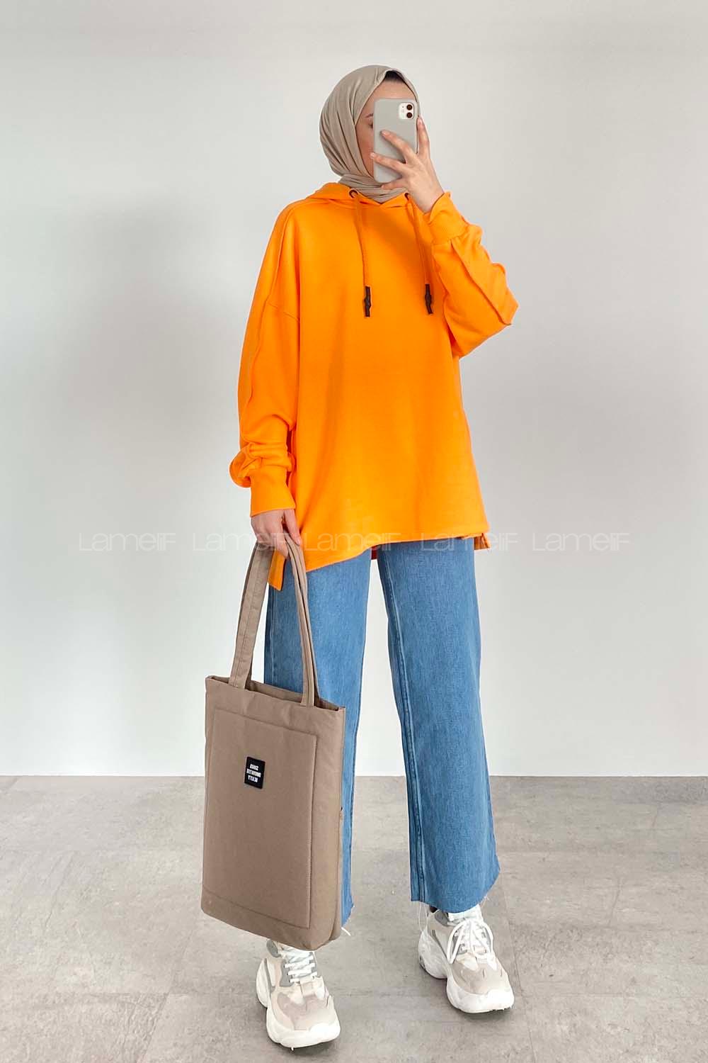 Modalamelif Kapüşon Detaylı Ters Dikiş Model Ursula Sweat Oranj