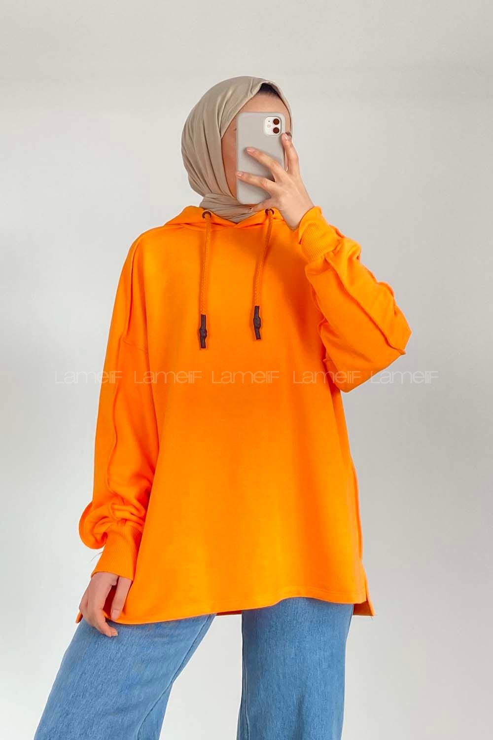 Modalamelif Kapüşon Detaylı Ters Dikiş Model Ursula Sweat Oranj