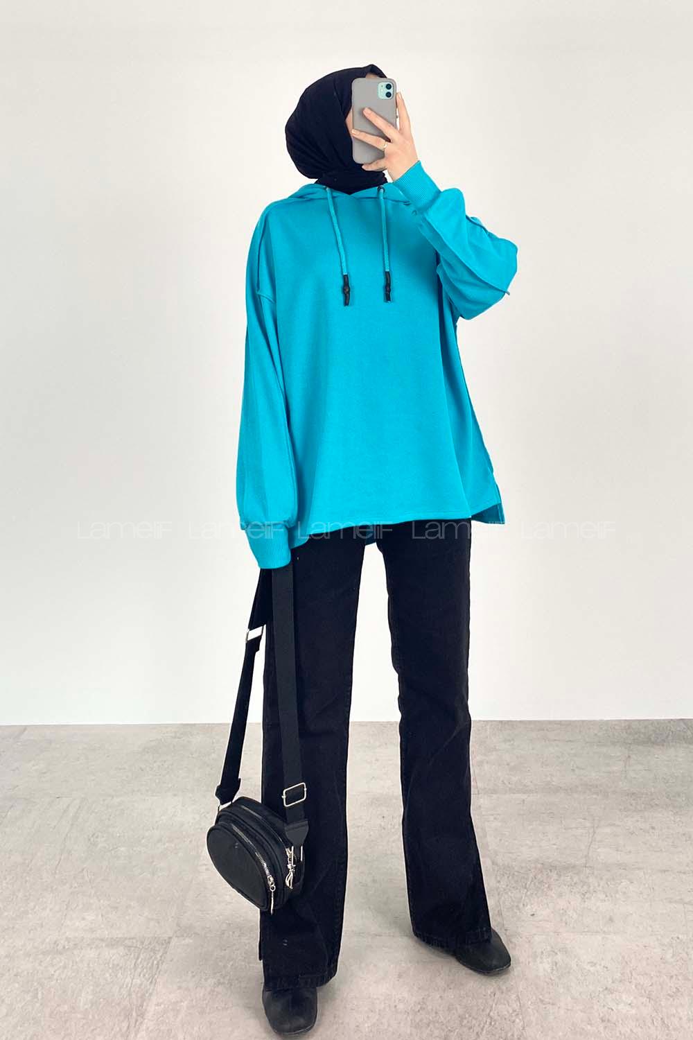 Modalamelif Kapüşon Detaylı Ters Dikiş Model Ursula Sweat Turkuaz