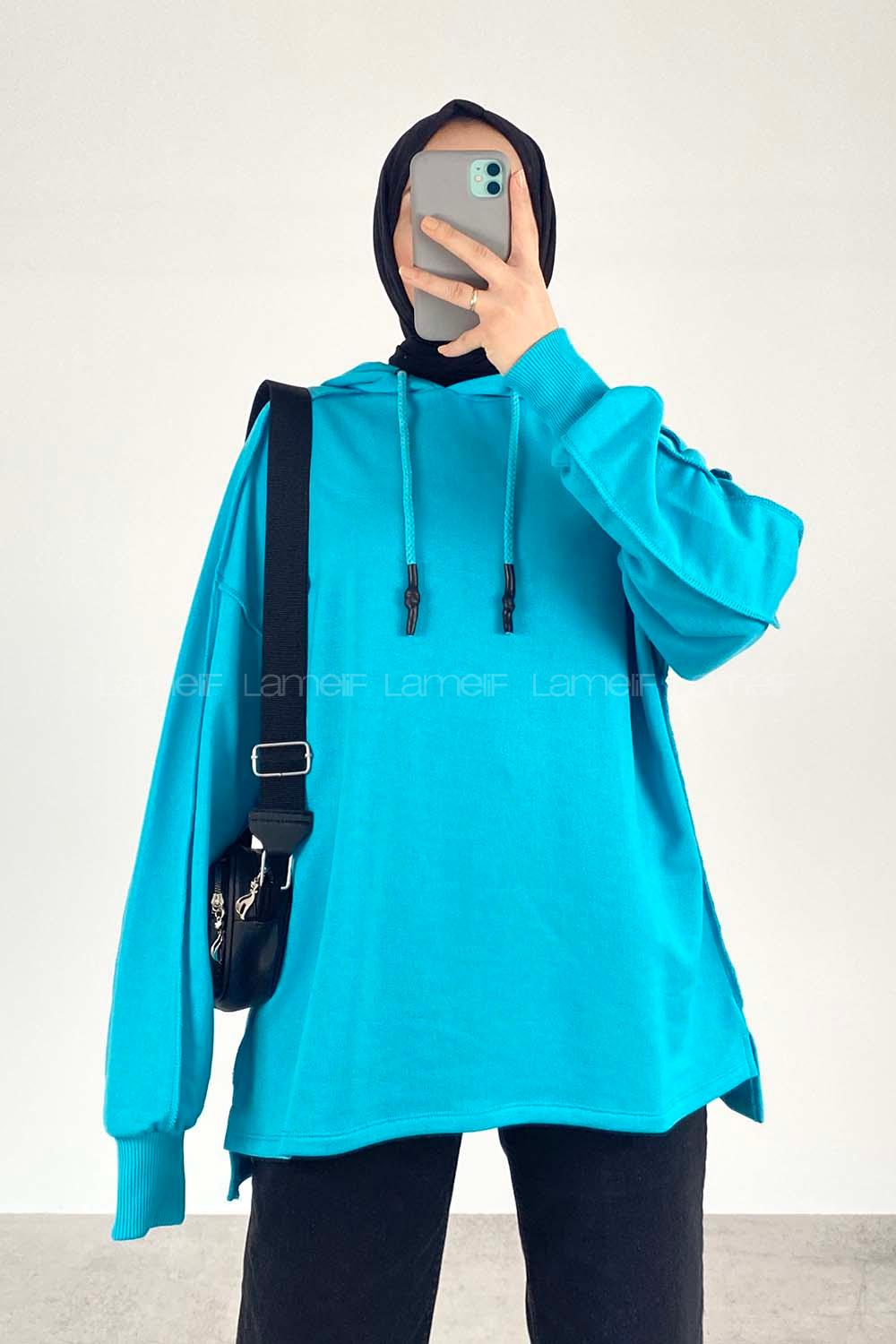 Modalamelif Kapüşon Detaylı Ters Dikiş Model Ursula Sweat Turkuaz