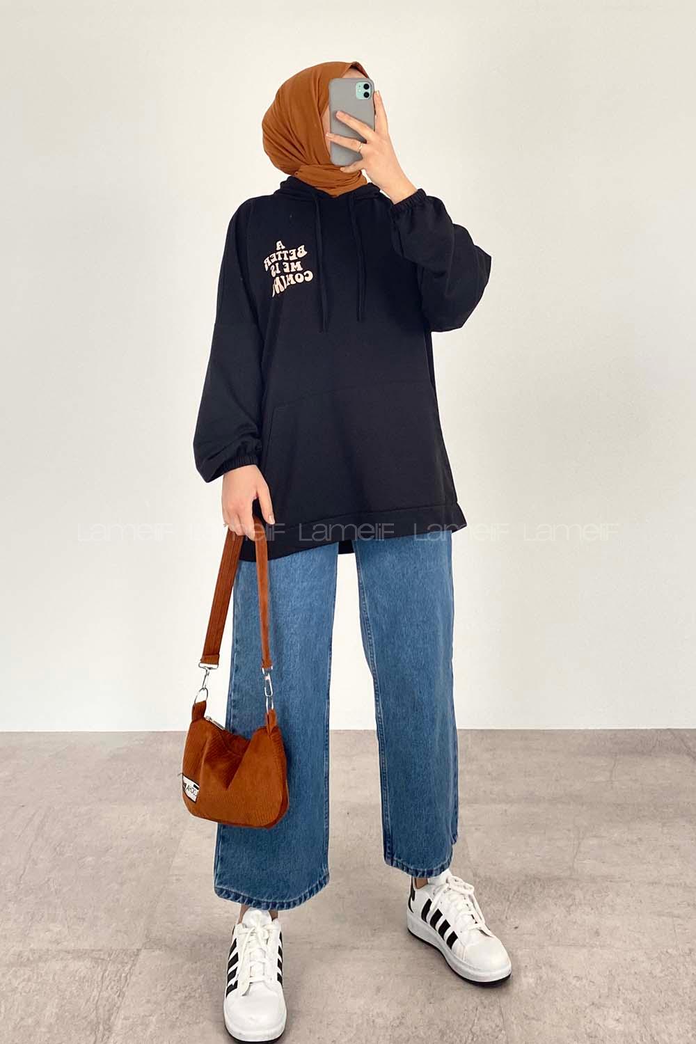 Black Hood Neck Long Arm Printed Sweatshirt