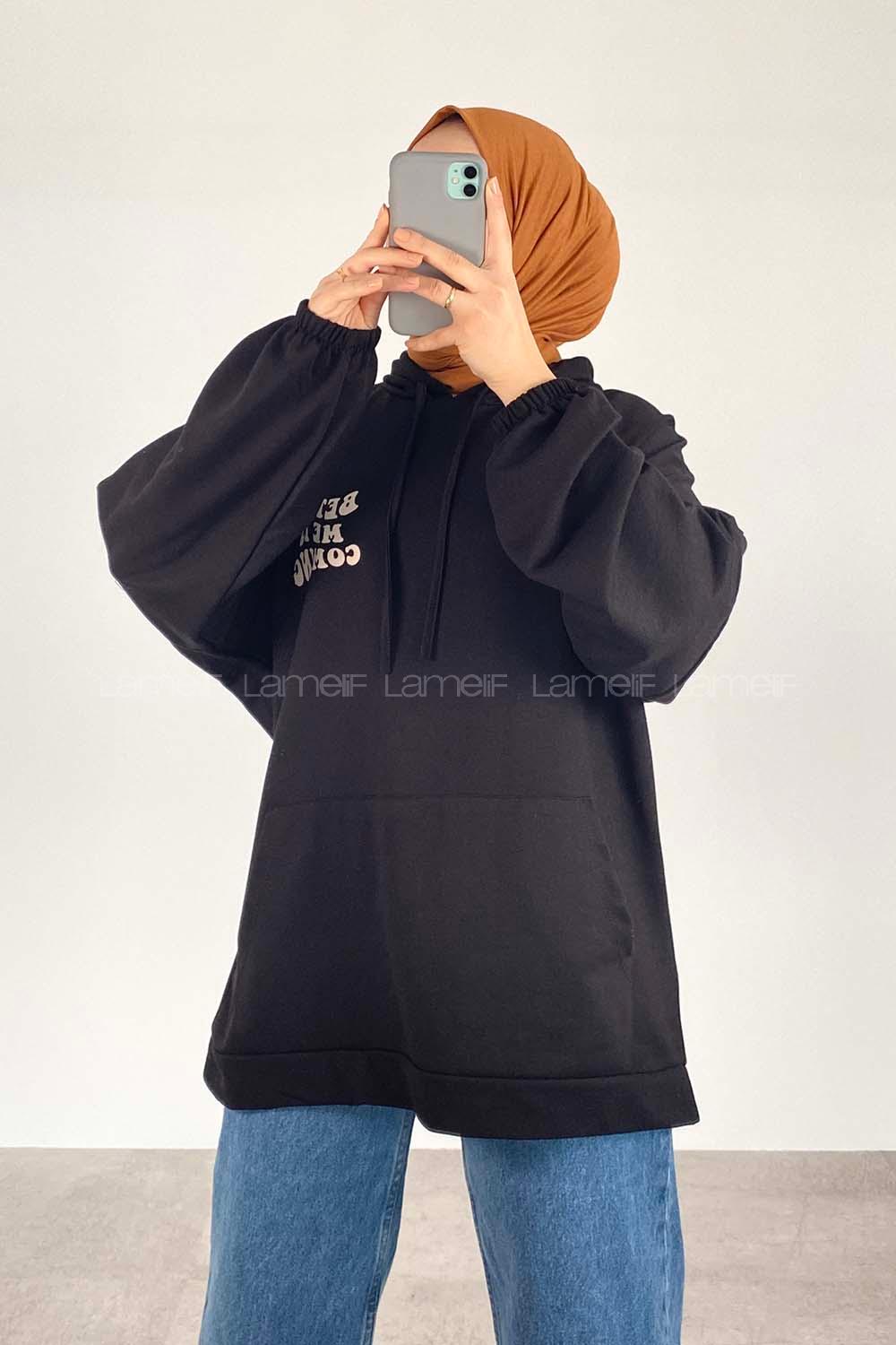 Black Hood Neck Long Arm Printed Sweatshirt