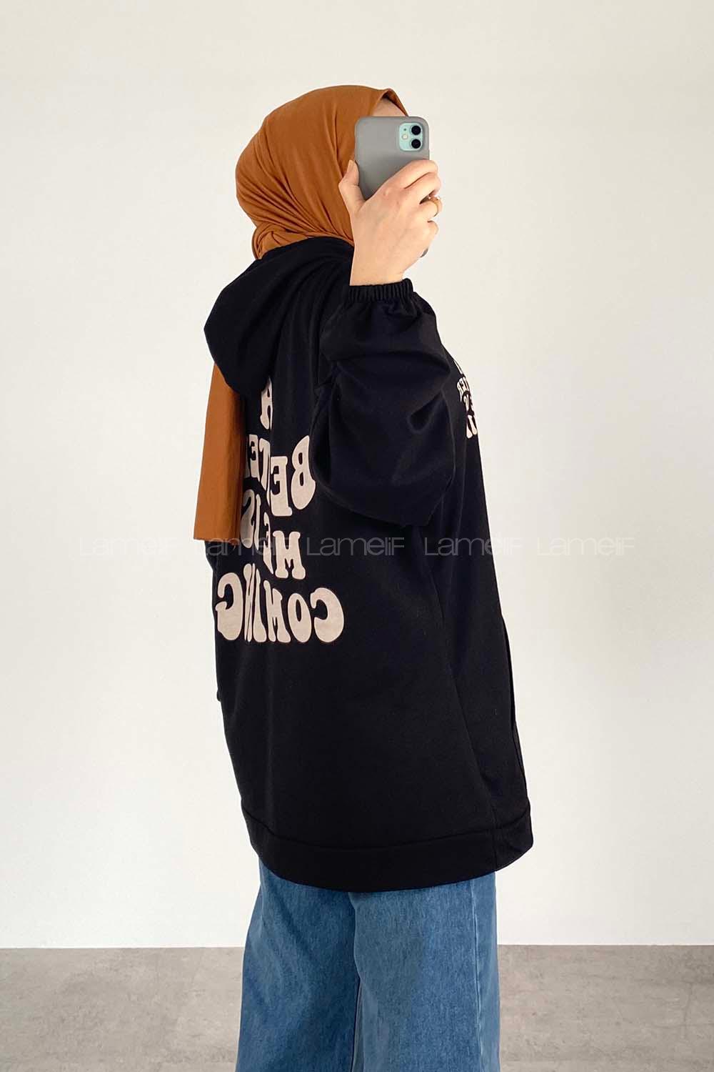 Black Hood Neck Long Arm Printed Sweatshirt
