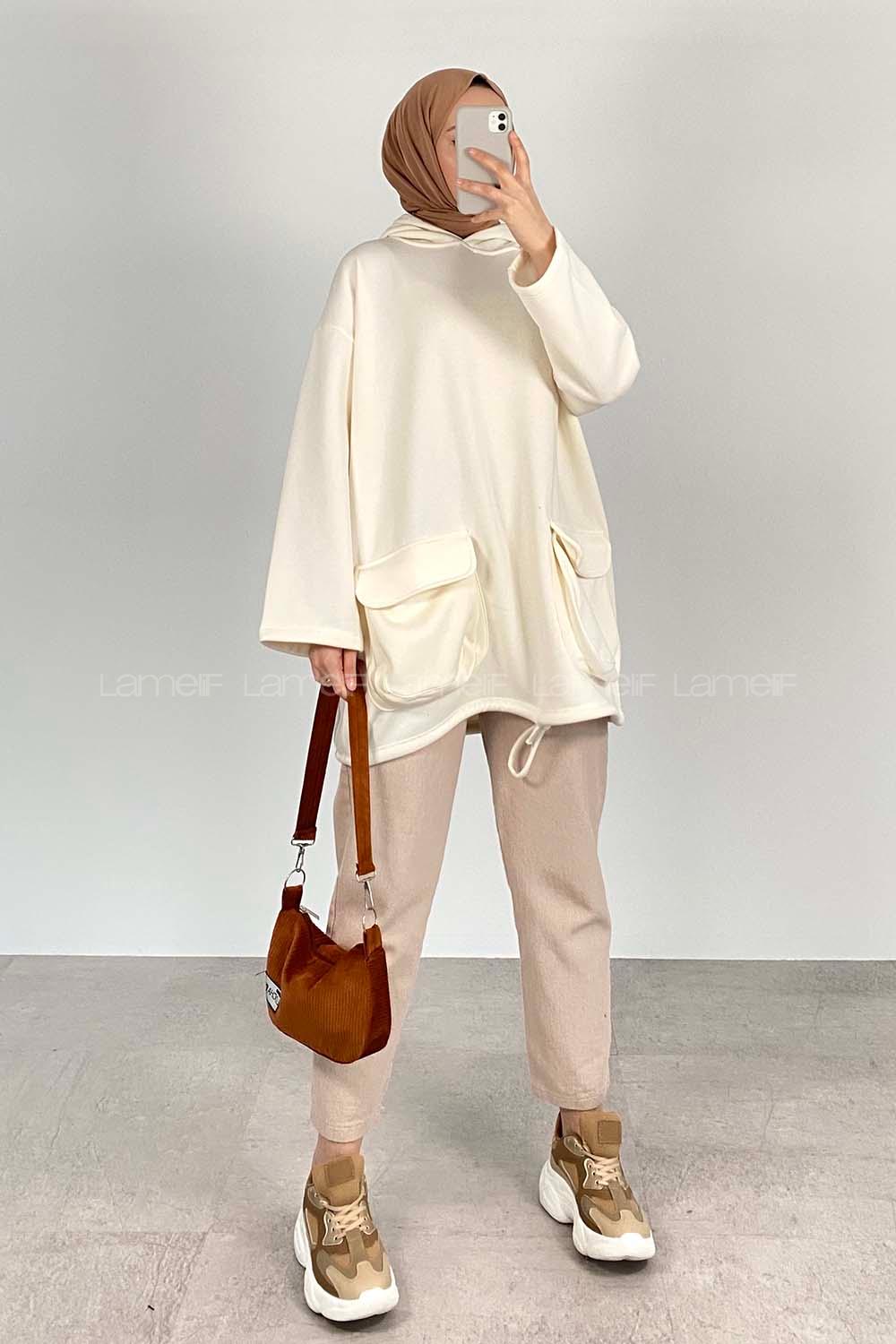 Modalamelif Körük Cepli Sweatshirt Ekru