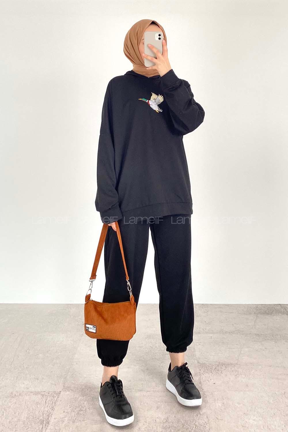 Modalamelif Ördek Nakışlı Kapüşonlu Sweat Siyah