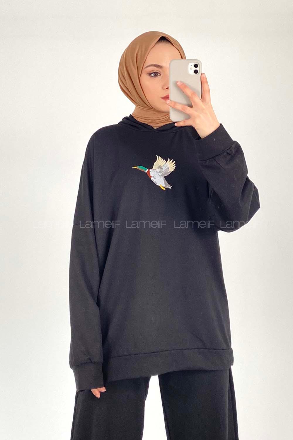 Modalamelif Ördek Nakışlı Kapüşonlu Sweat Siyah