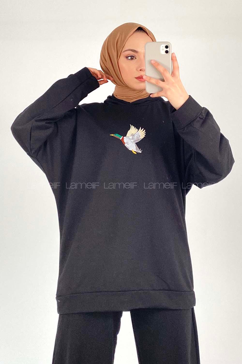 Modalamelif Ördek Nakışlı Kapüşonlu Sweat Siyah