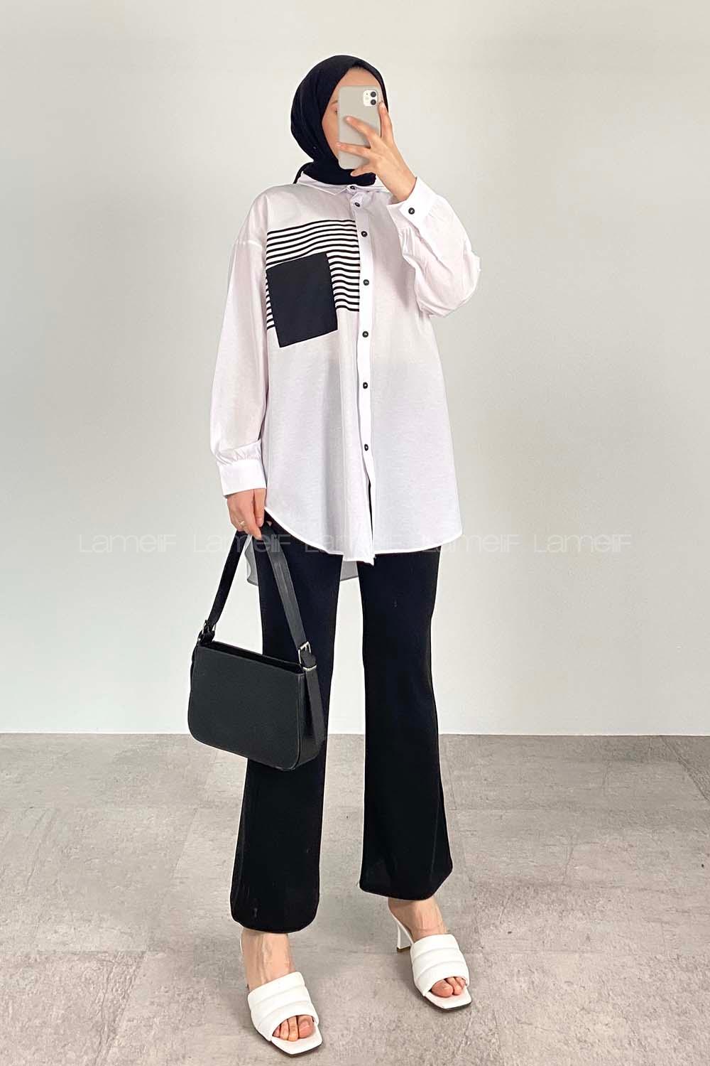 Modalamelif Tek Cep Çizgi Detaylı Gömlek Beyaz