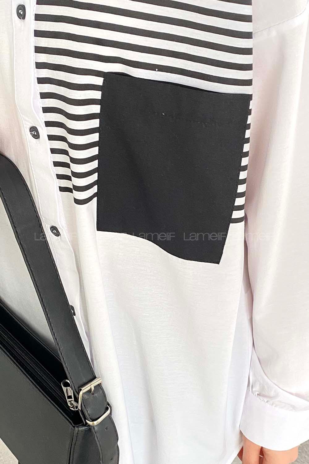 Modalamelif Tek Cep Çizgi Detaylı Gömlek Beyaz