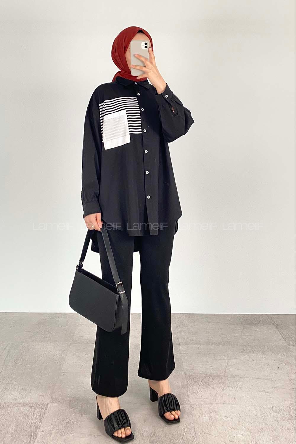 Modalamelif Tek Cep Çizgi Detaylı Gömlek Siyah
