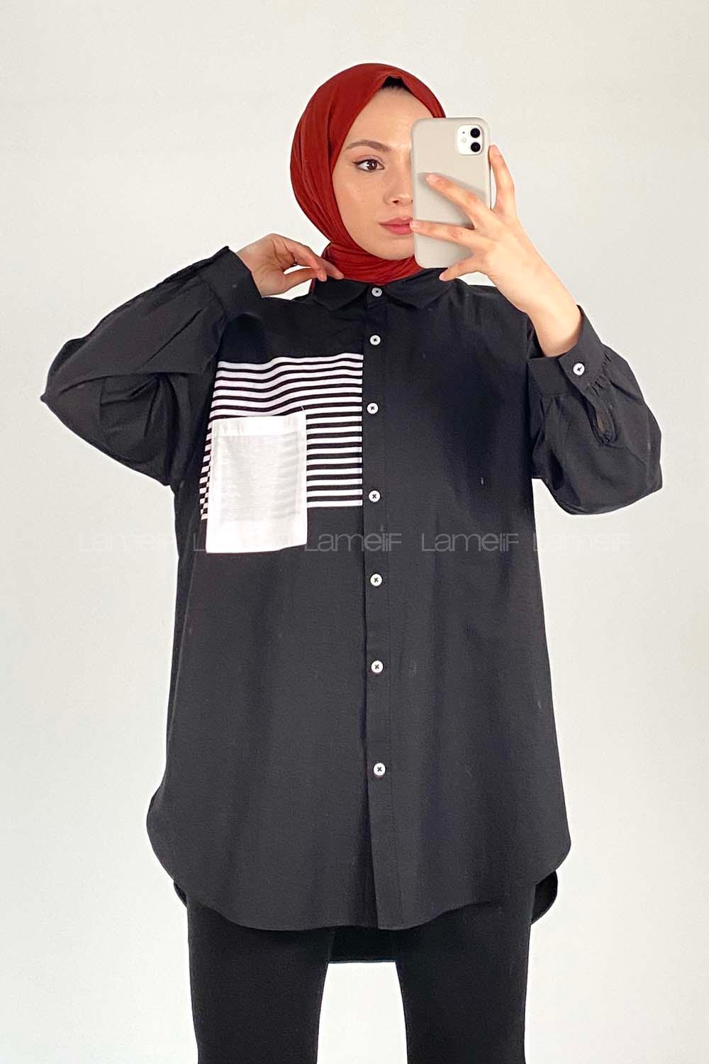 Modalamelif Tek Cep Çizgi Detaylı Gömlek Siyah