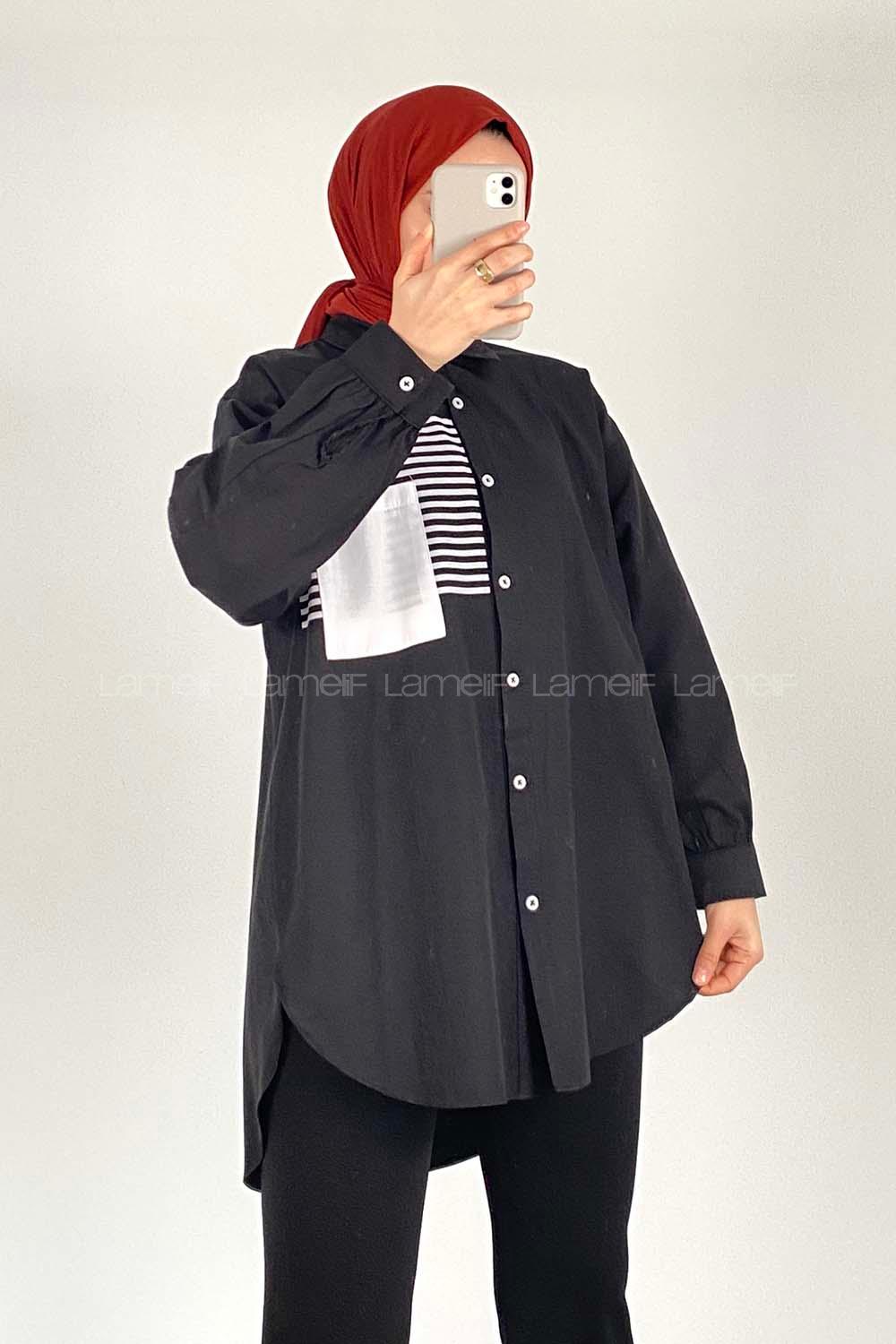 Modalamelif Tek Cep Çizgi Detaylı Gömlek Siyah