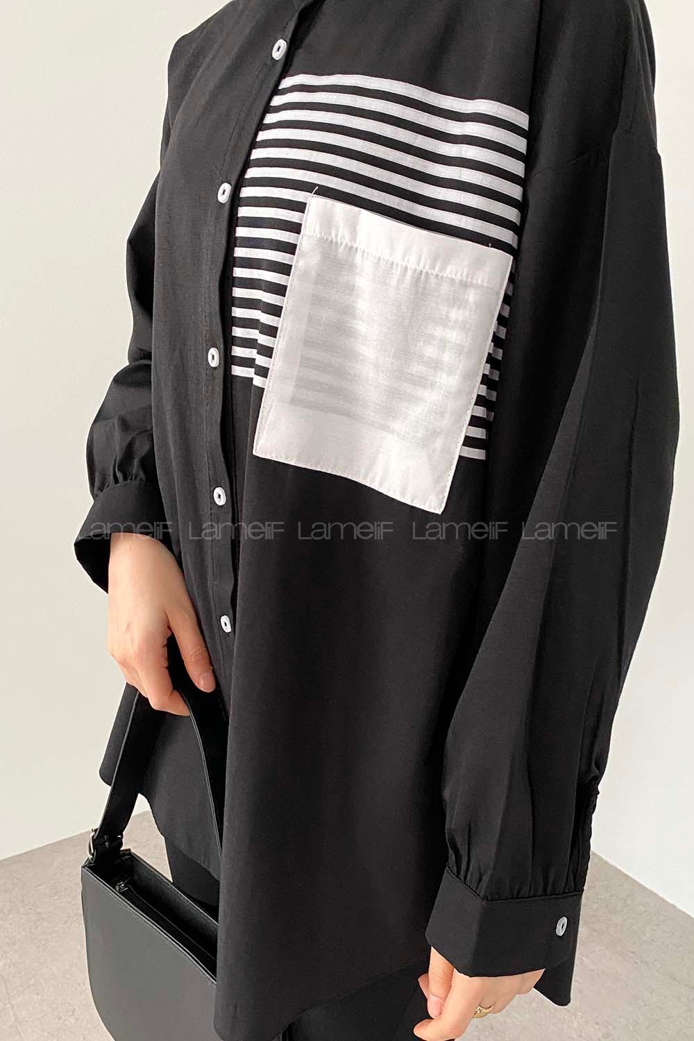 Modalamelif Tek Cep Çizgi Detaylı Gömlek Siyah