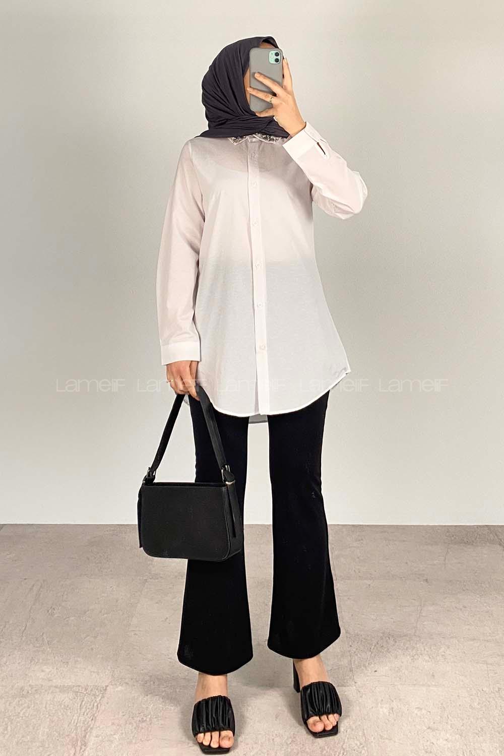 Modalamelif Yaka Taş Detaylı Oversize Gömlek Beyaz