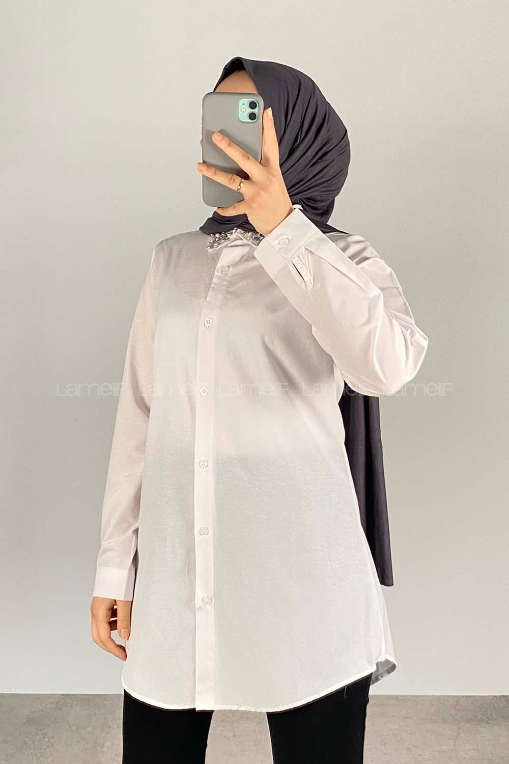 Modalamelif Yaka Taş Detaylı Oversize Gömlek Beyaz