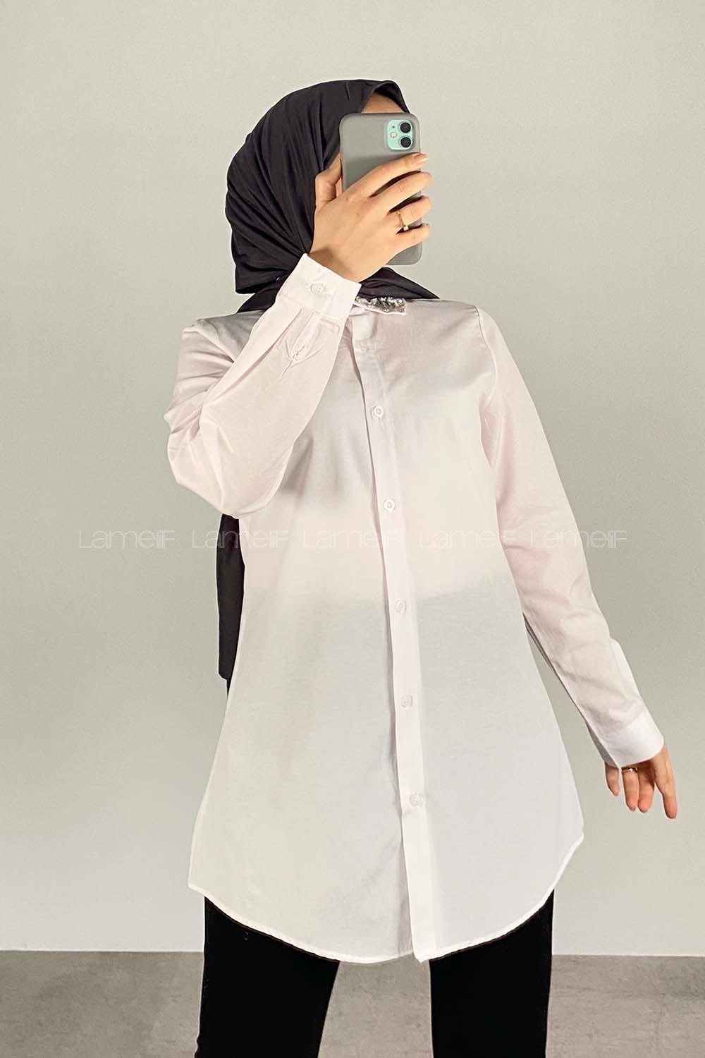 Modalamelif Yaka Taş Detaylı Oversize Gömlek Beyaz