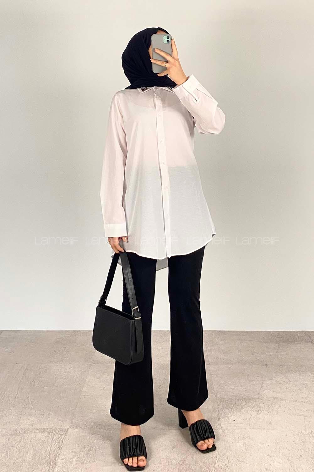 Modalamelif Yaka Taş Detaylı Oversize Gömlek Beyaz