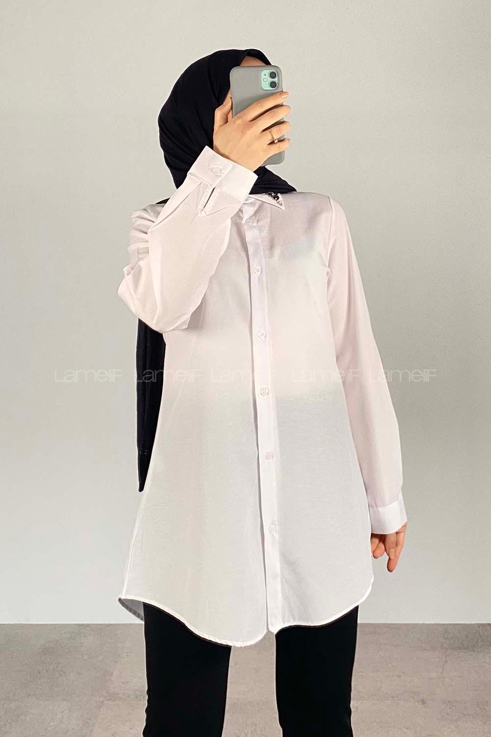 Modalamelif Yaka Taş Detaylı Oversize Gömlek Beyaz