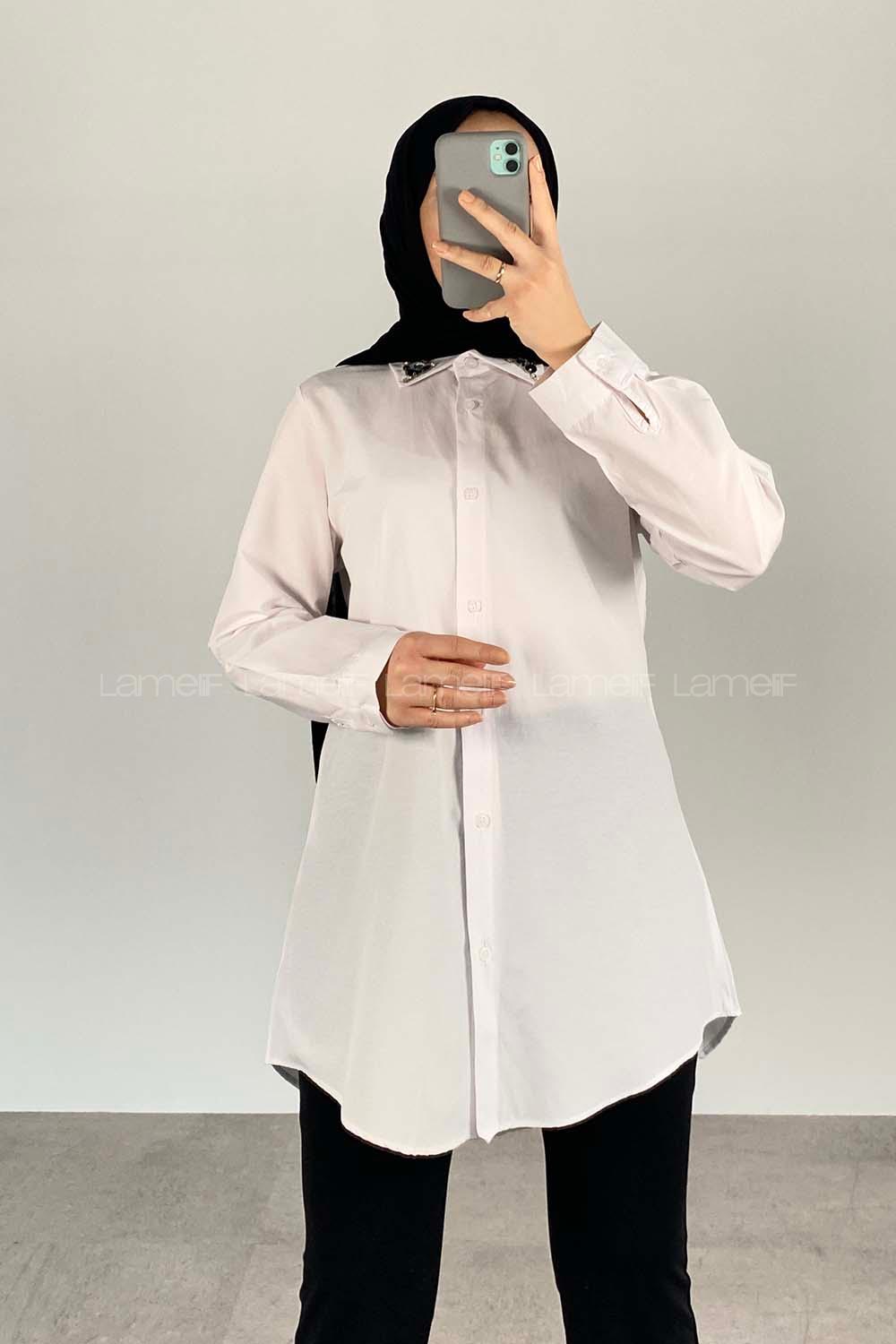 Modalamelif Yaka Taş Detaylı Oversize Gömlek Beyaz