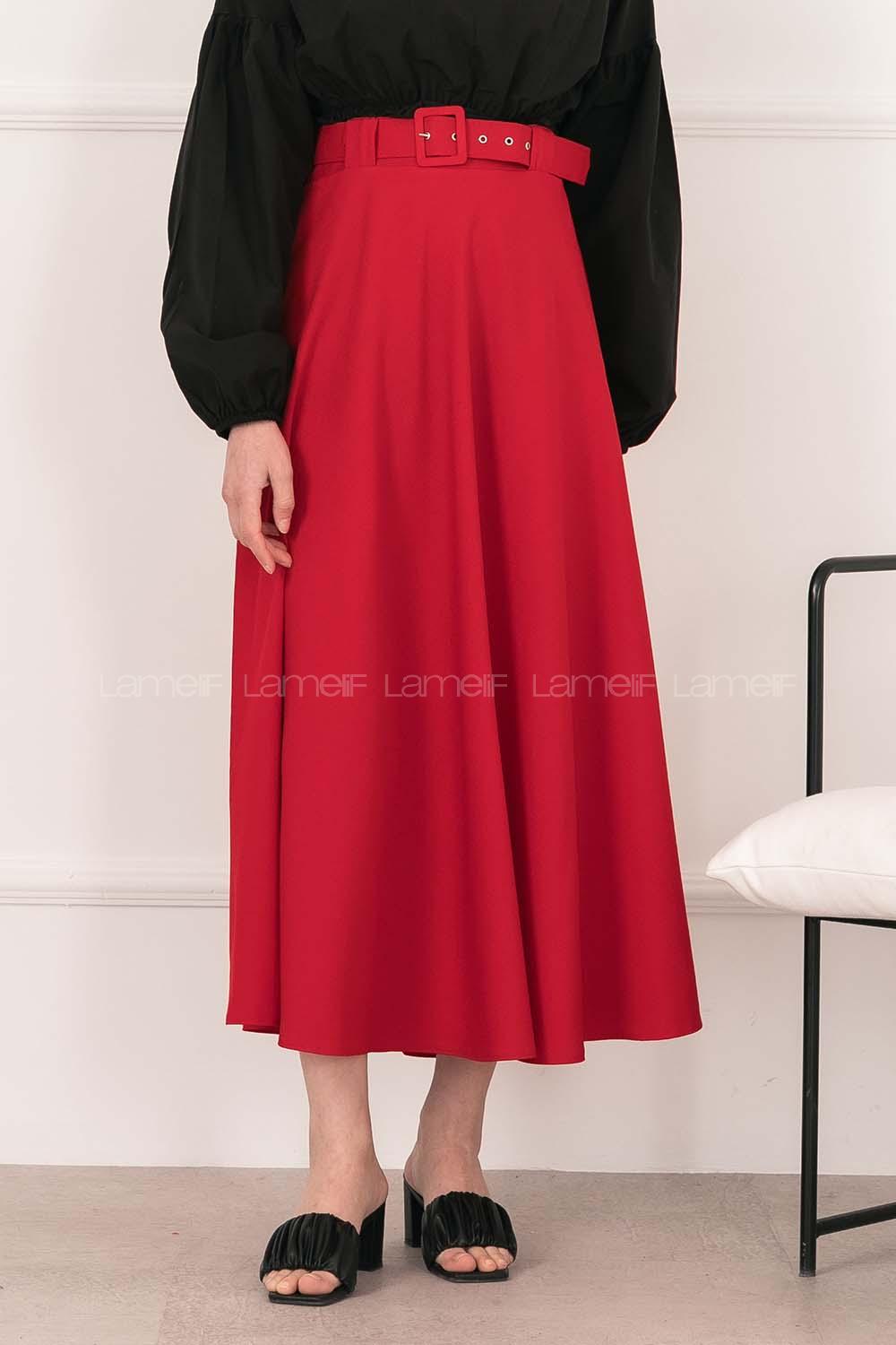 Red Suede Unprinted Pleated Skirt