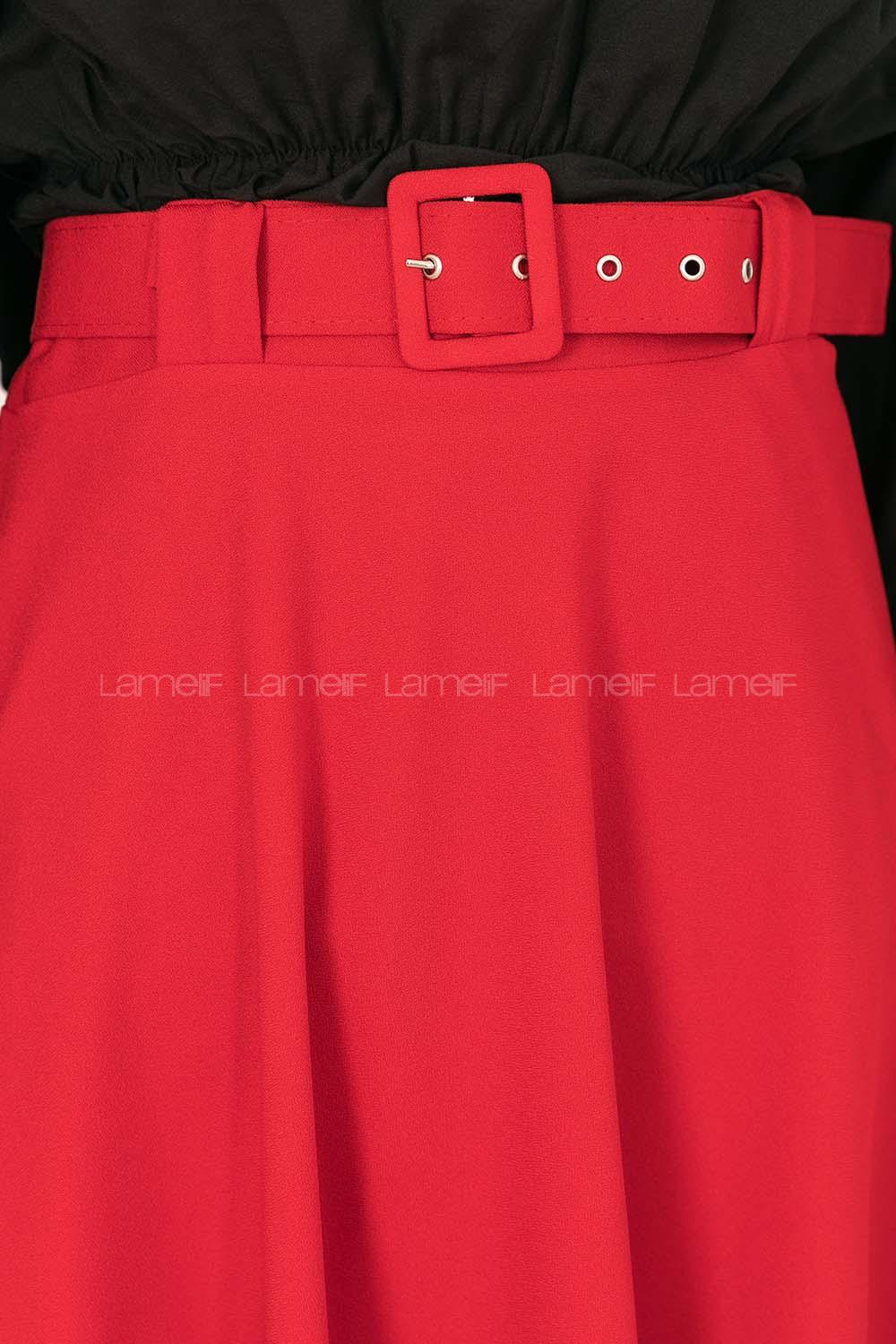 Red Suede Unprinted Pleated Skirt
