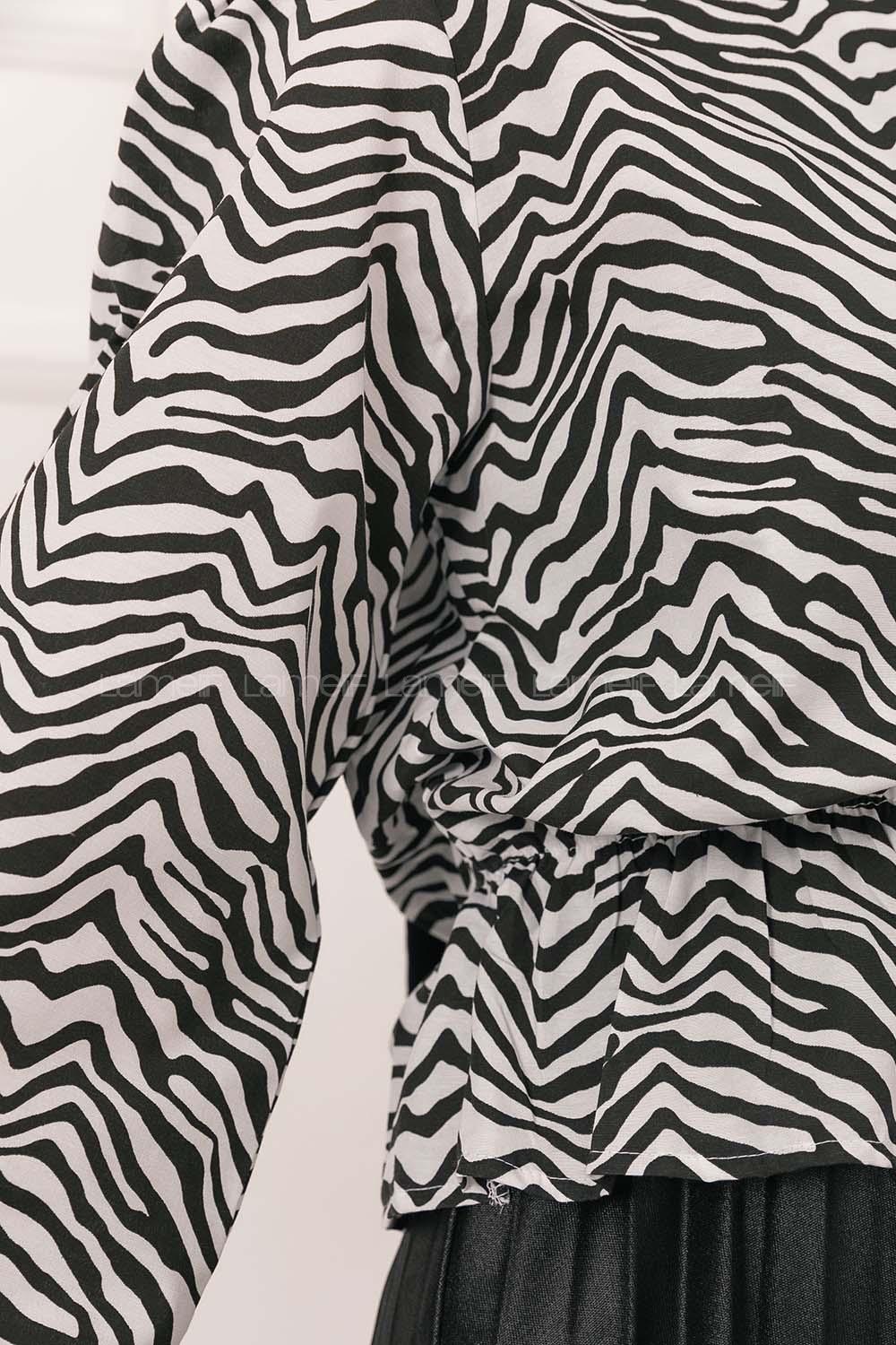Modalamelif Bel Lastikli Balon Kol Zebra Desenli Bluz Siyah