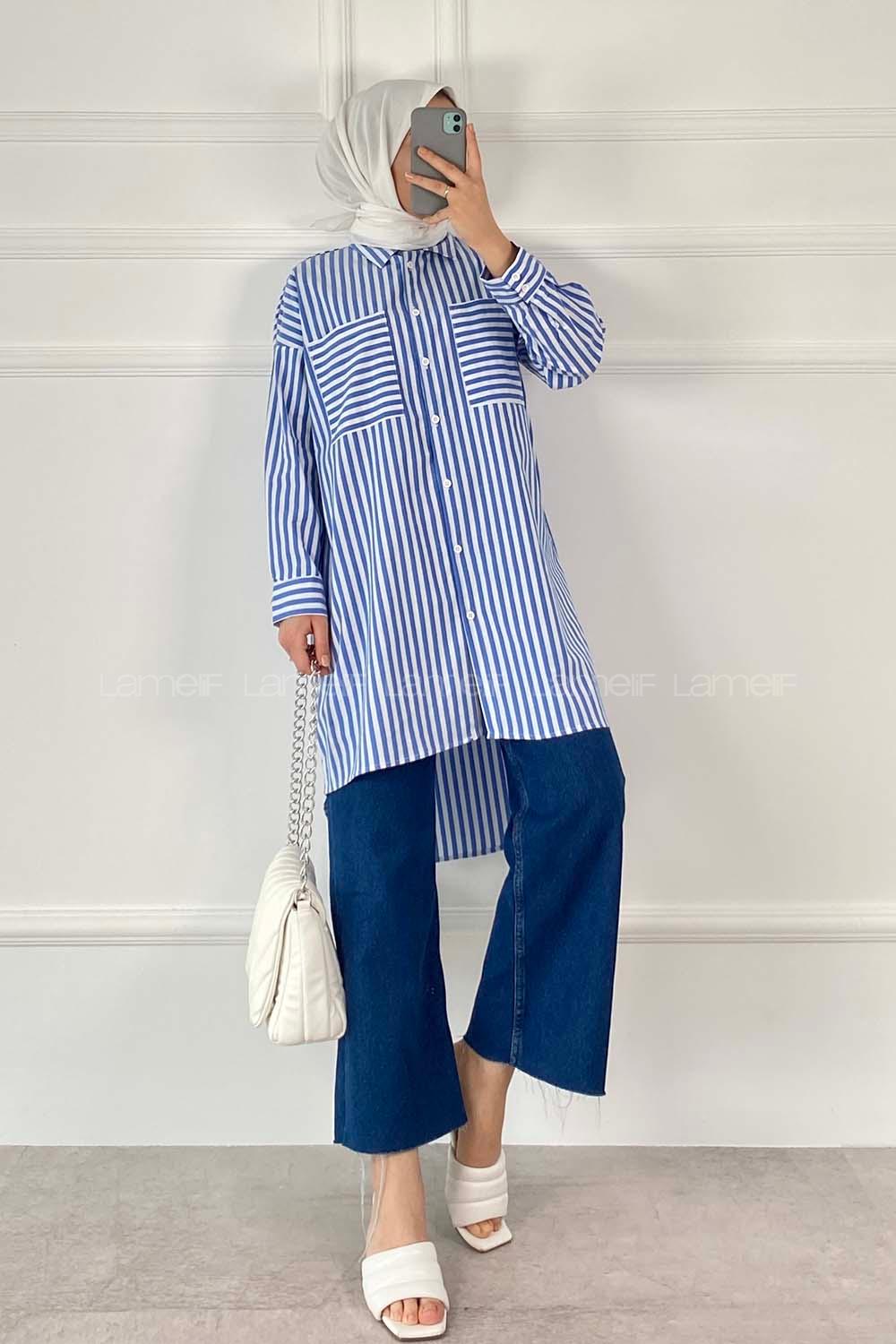 Blue Shirt Collar Long Arm Cotton Unprinted Shirt