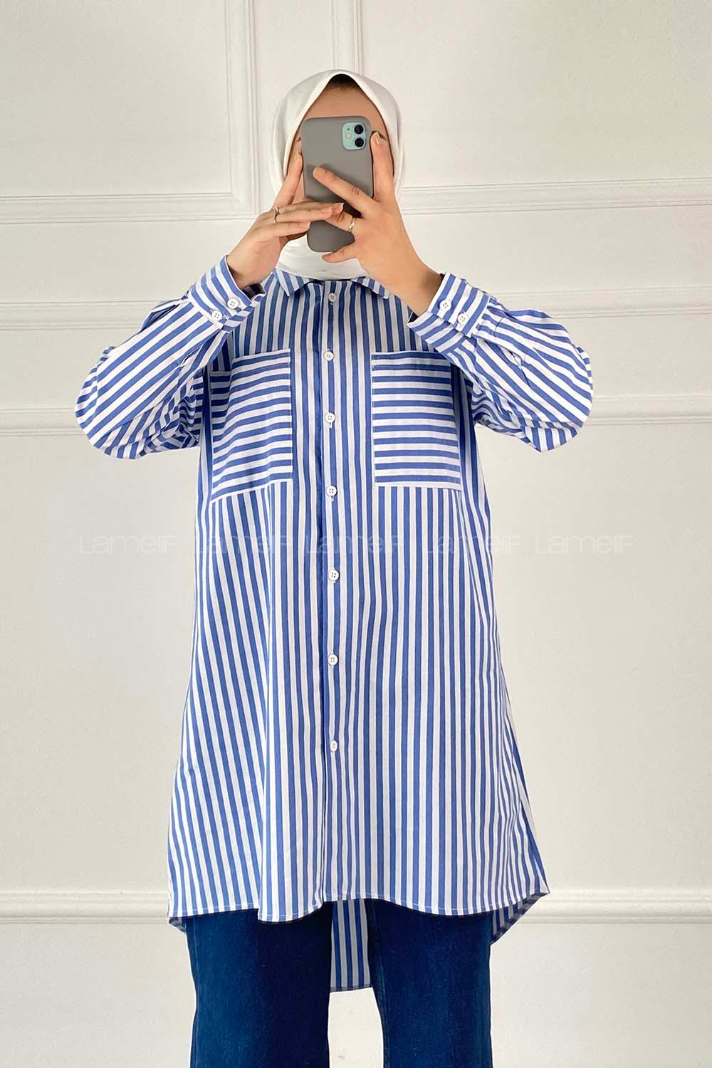 Blue Shirt Collar Long Arm Cotton Unprinted Shirt