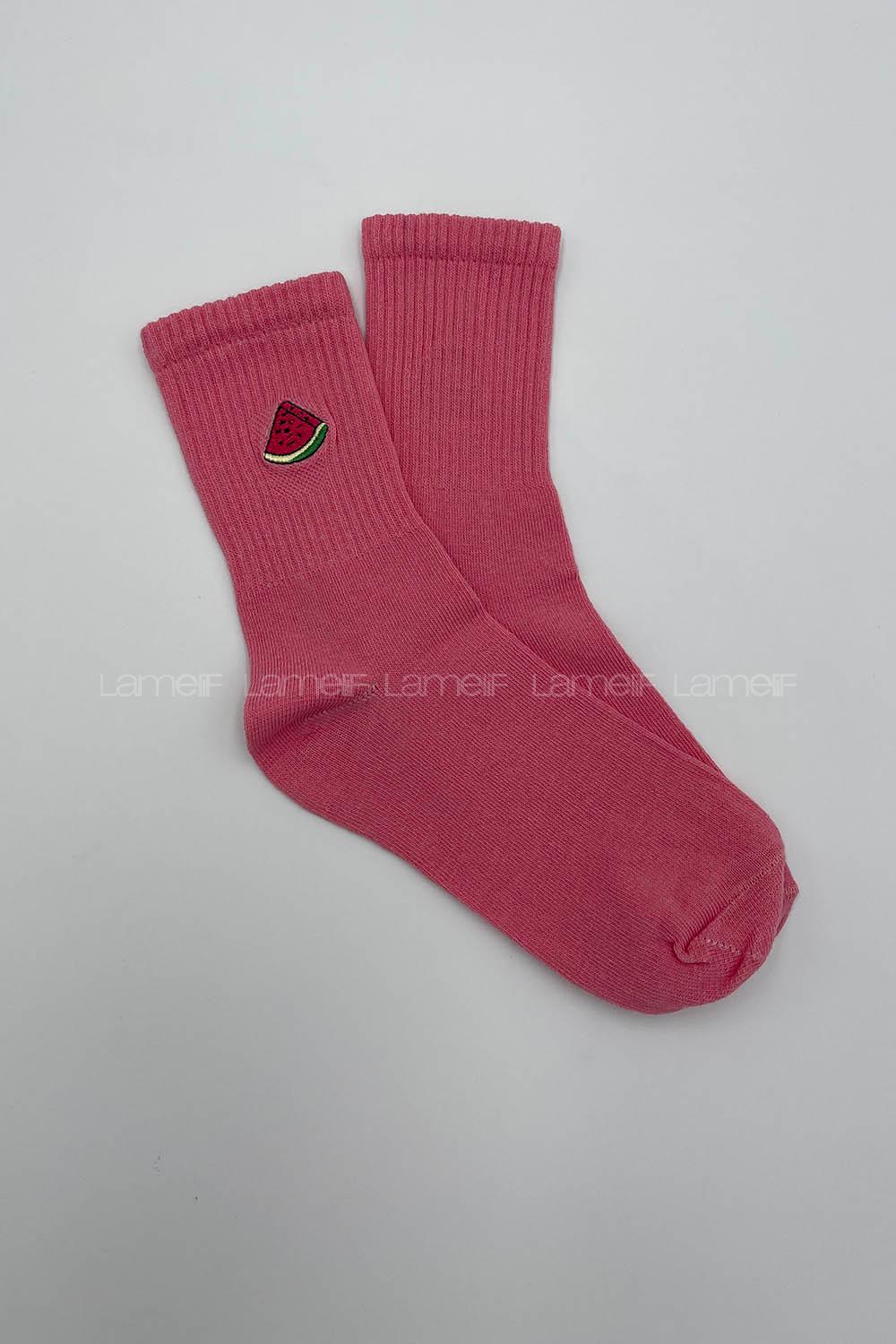 Modalamelif Karpuz Nakışlı Soket Çorap Pembe