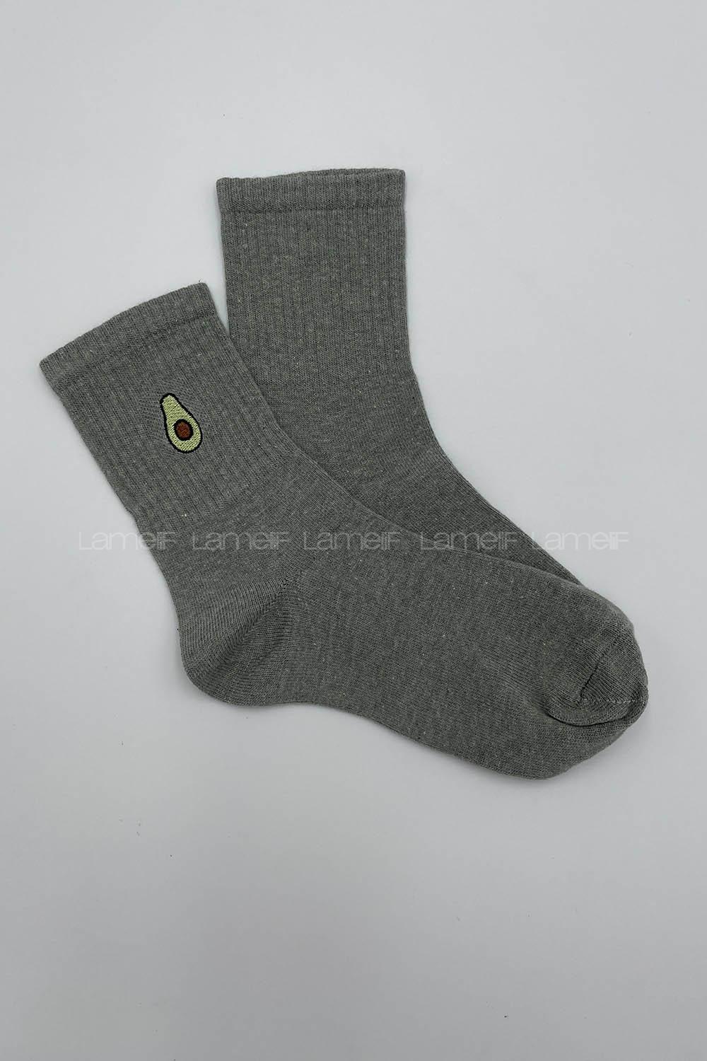 Modalamelif Avokado Nakışlı Soket Çorap Gri