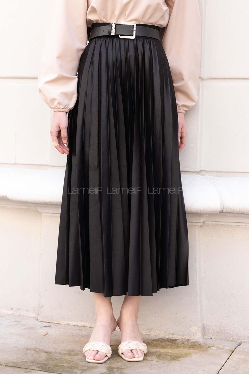 Lamelif Beli Lastikli Deri Görünümlü Laklı Etek Siyah