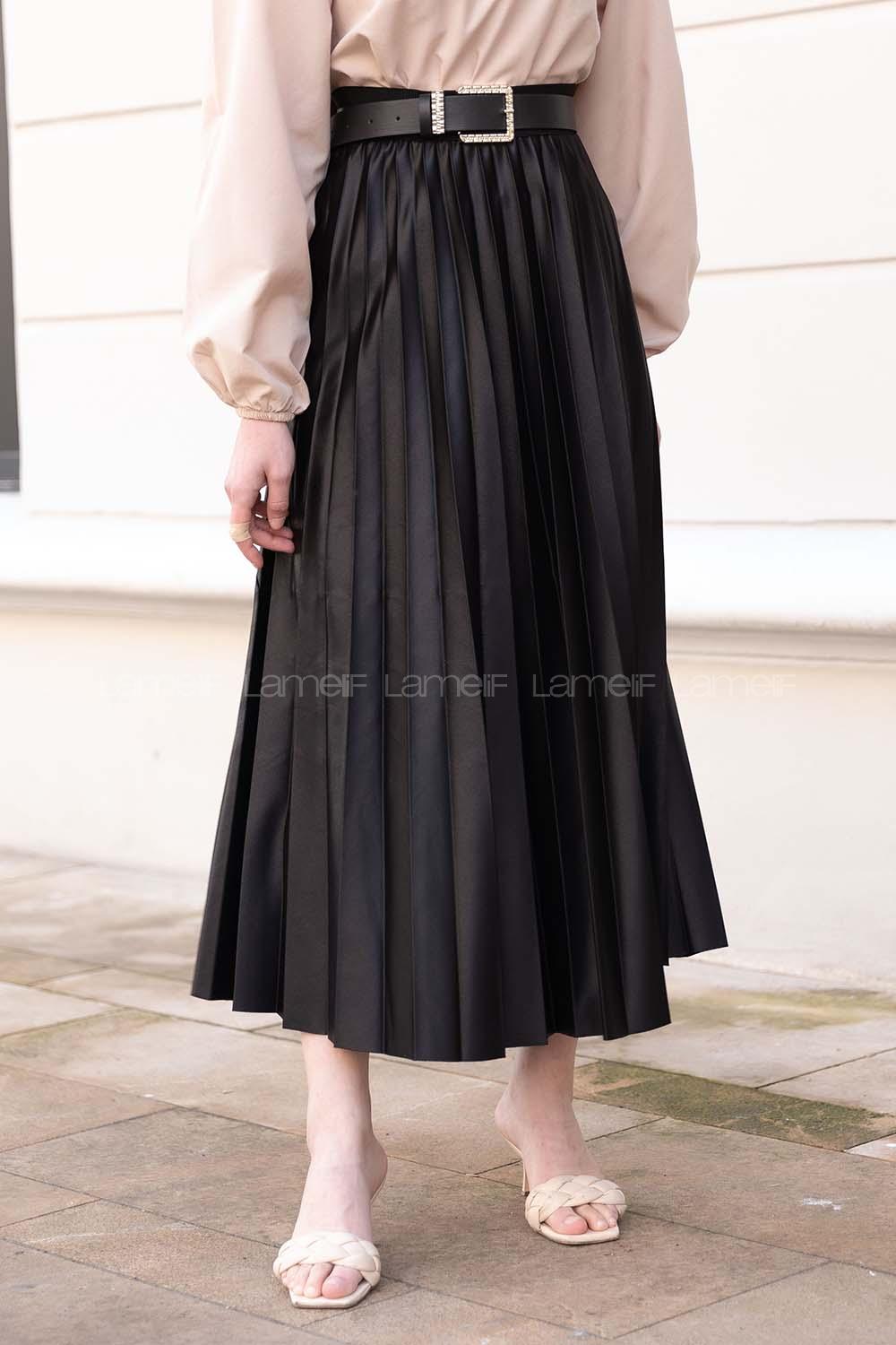 Lamelif Beli Lastikli Deri Görünümlü Laklı Etek Siyah