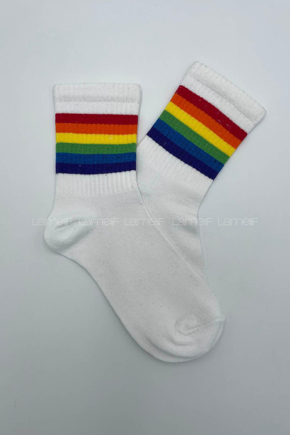 Modalamelif Gökkuşağı Çizgili Soket Çorap Beyaz