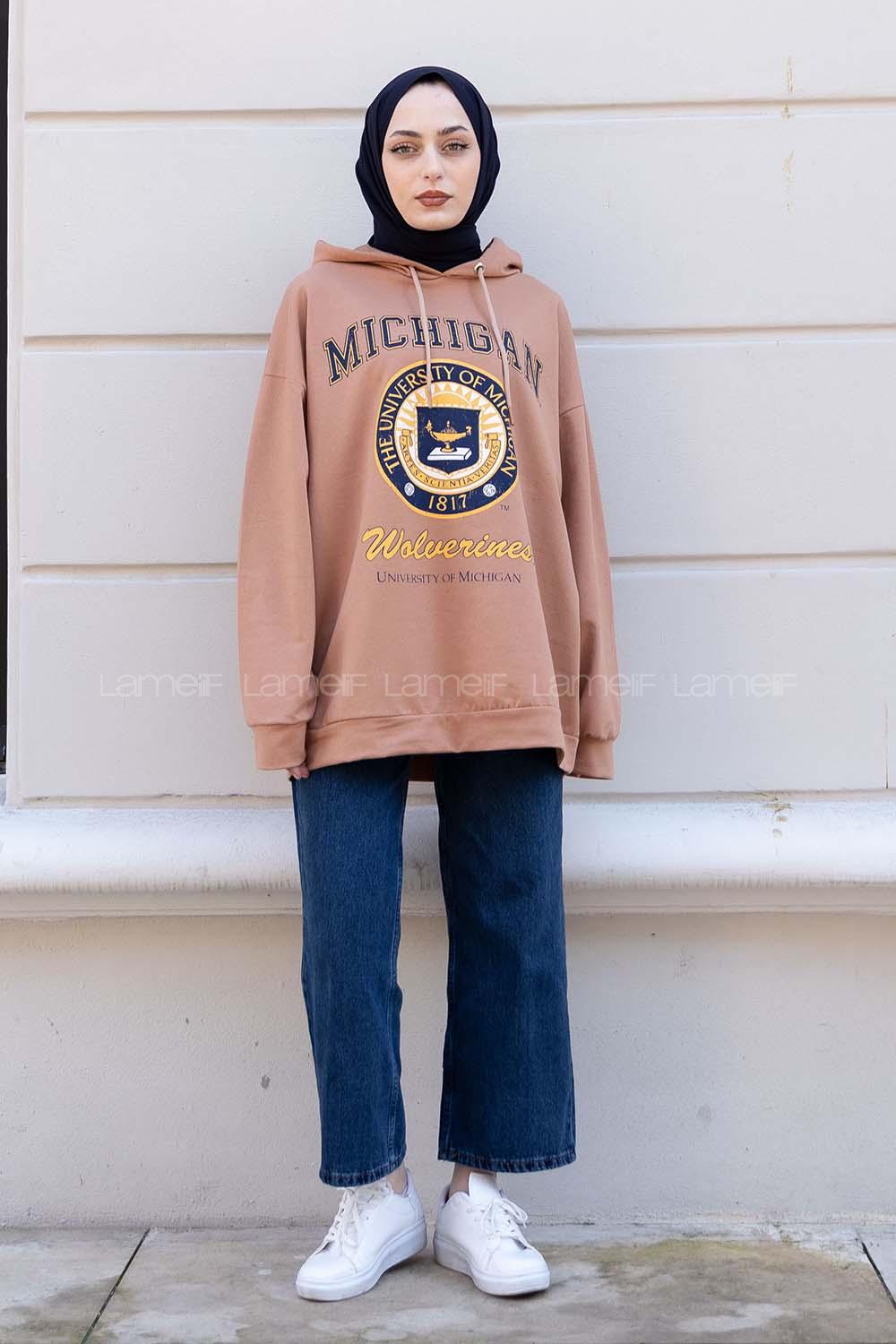 Modalamelif Mıchıgan Yazı Baskılı Kapüşonlu Sweat Sütlükahve