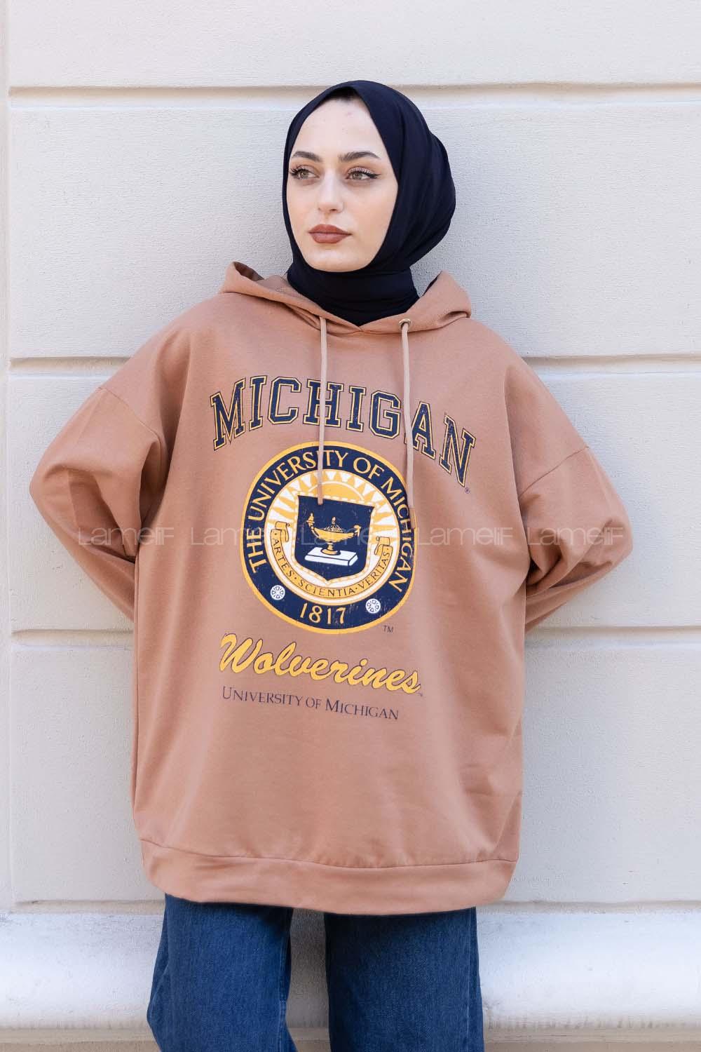 Modalamelif Mıchıgan Yazı Baskılı Kapüşonlu Sweat Sütlükahve