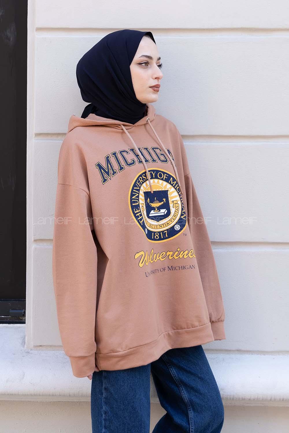 Modalamelif Mıchıgan Yazı Baskılı Kapüşonlu Sweat Sütlükahve