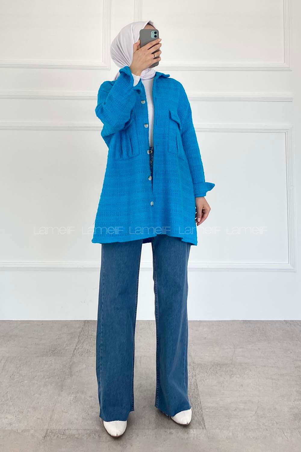 Modalamelif Önü Düğmeli Çift Cep Gömlek Petrol Mavisi