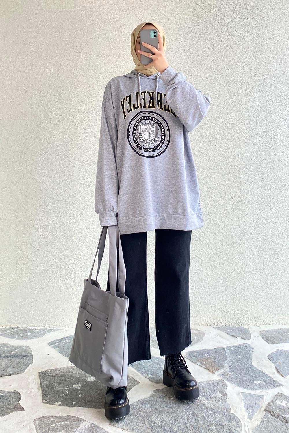 Modalamelif Berkeley Yazı Baskılı Kapüşonlu Sweat Gri