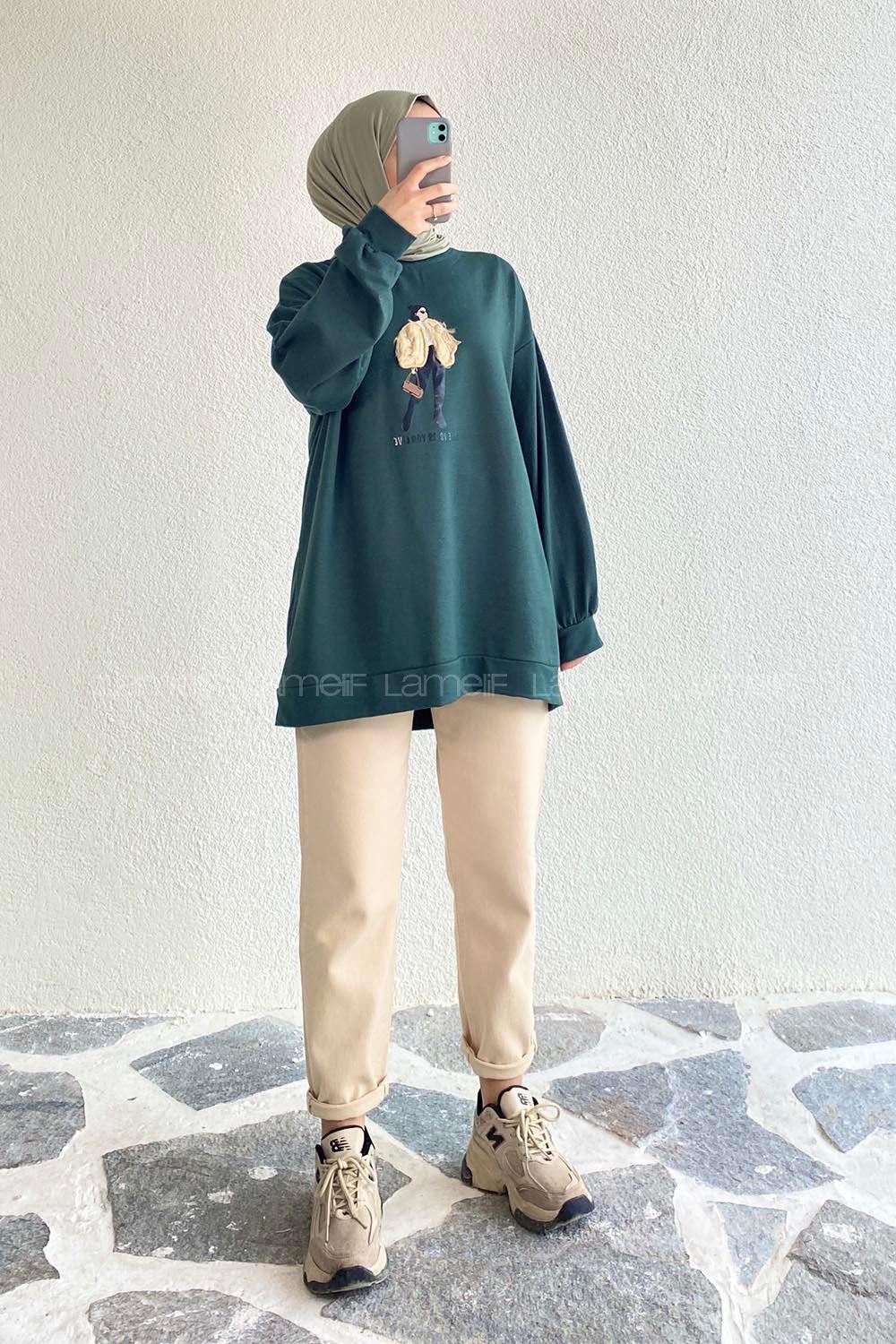 Modalamelif Bisiklet Yaka Girl Nakış Detaylı Sweat Haki