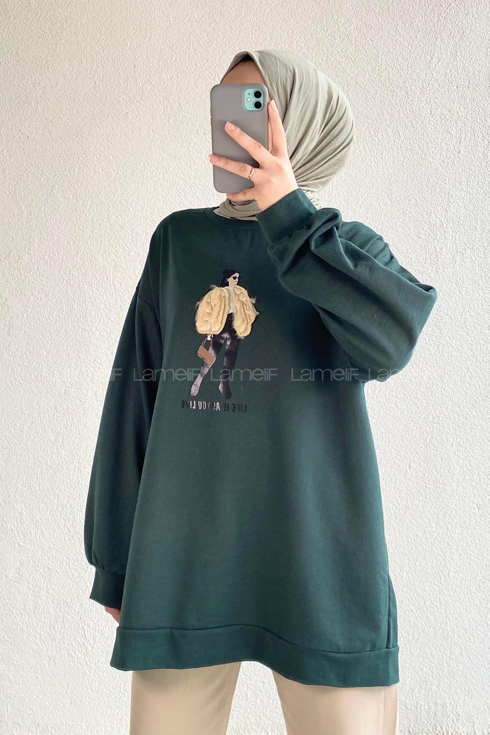 Modalamelif Bisiklet Yaka Girl Nakış Detaylı Sweat Haki