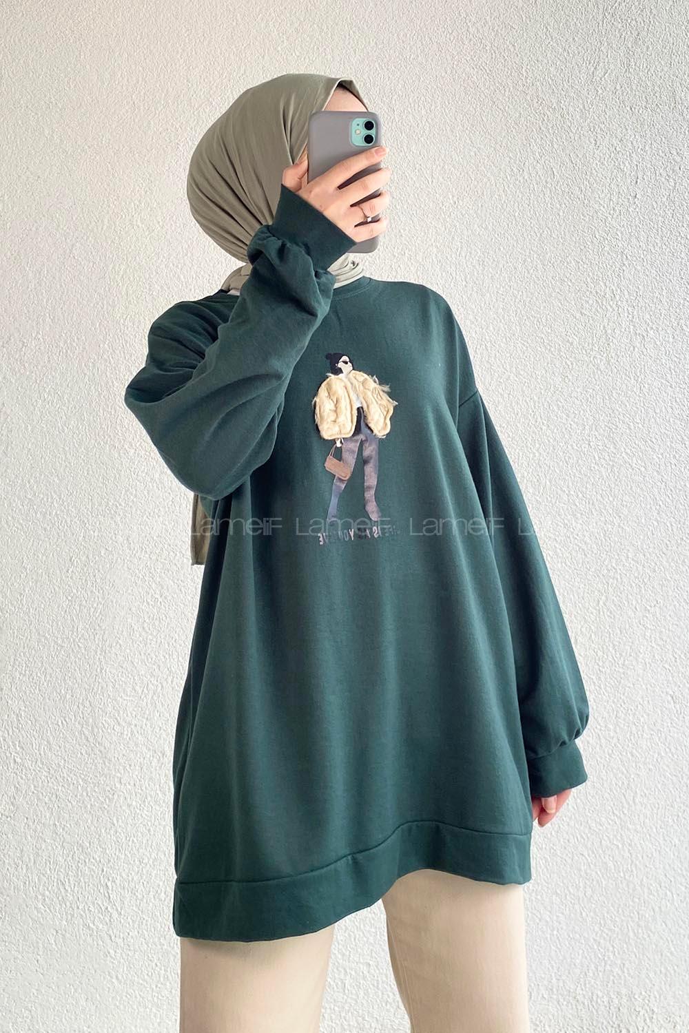 Modalamelif Bisiklet Yaka Girl Nakış Detaylı Sweat Haki