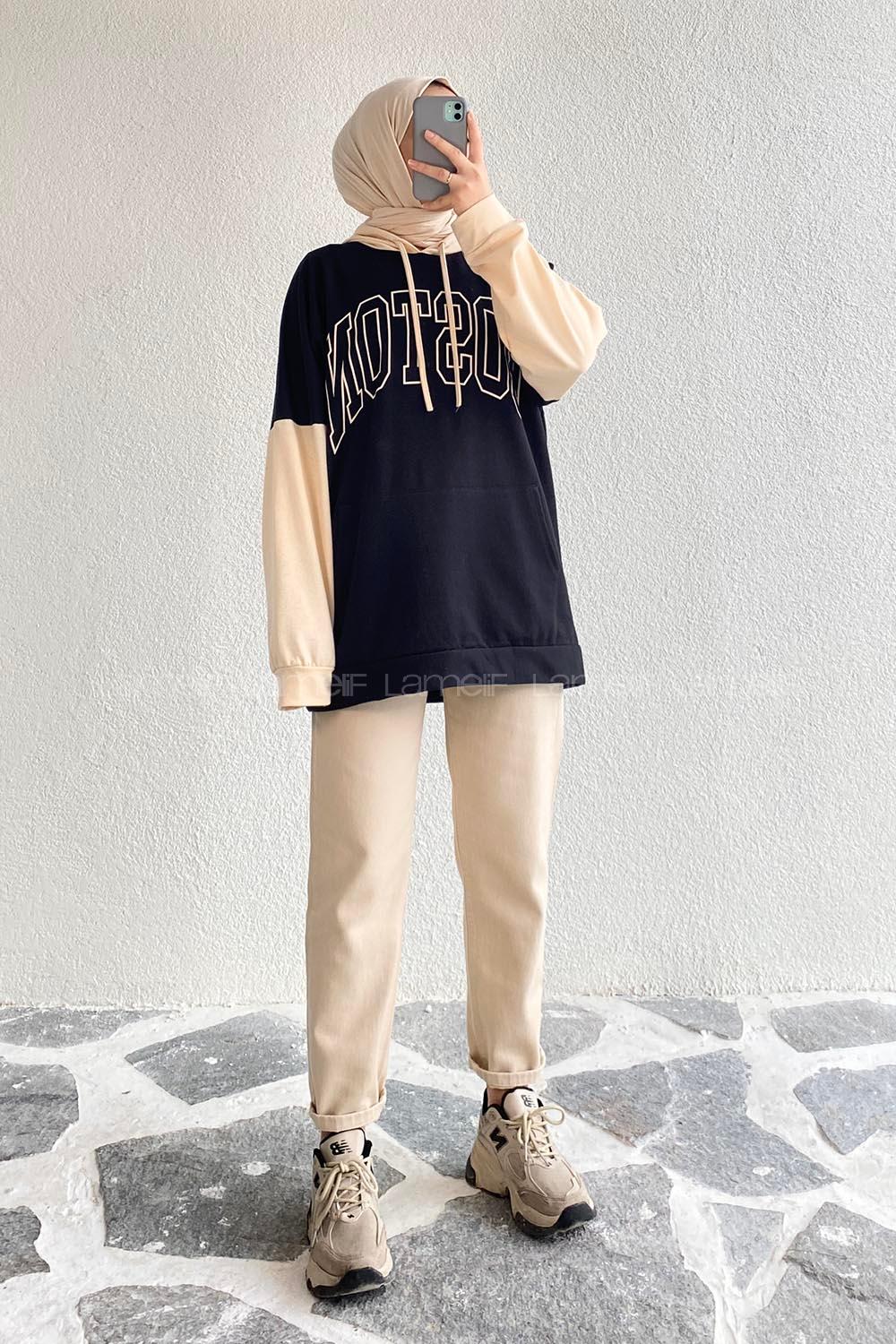 Modalamelif Boston Baskılı Garnili Sweat Siyah